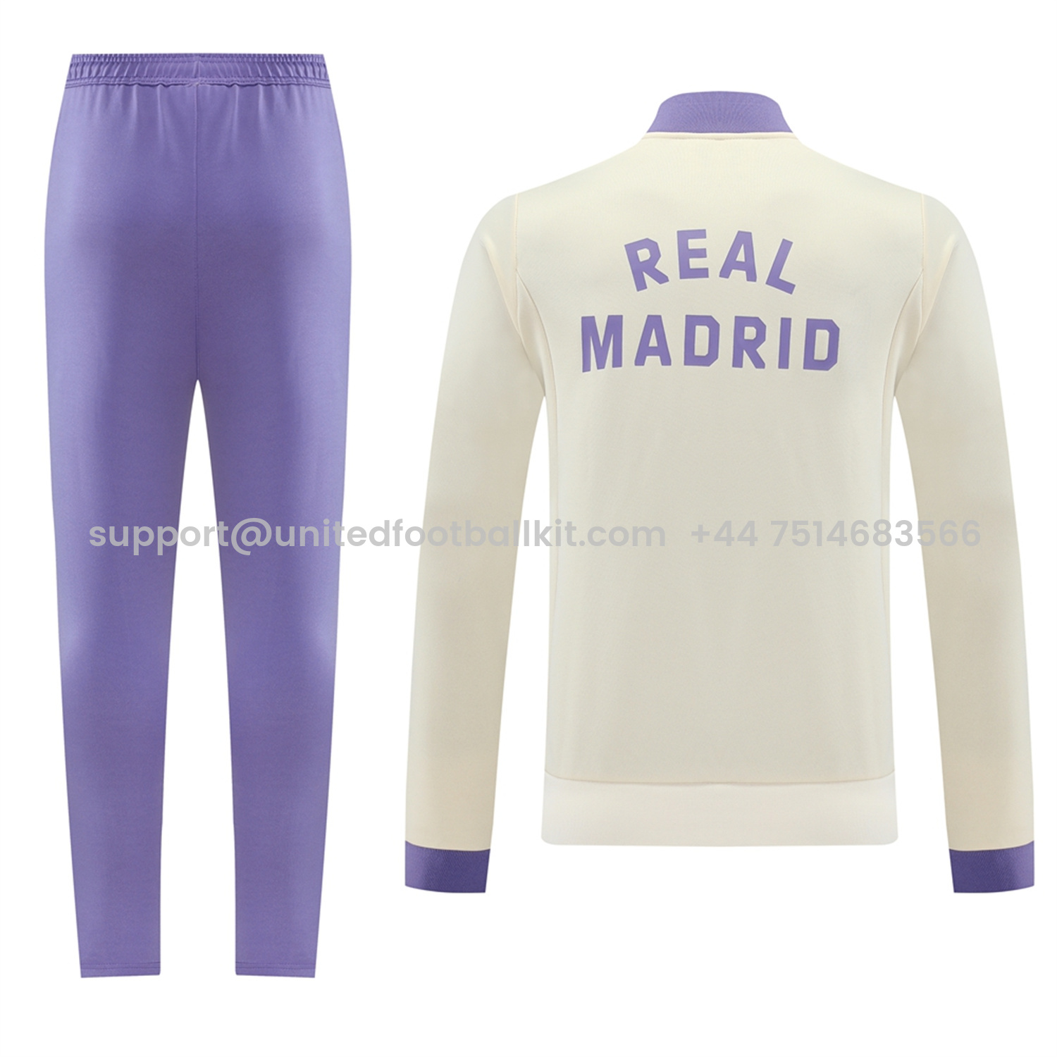 Unitedfootballkit.com | Real Madrid 24-25 Throwback Jacket Training Tracksuit - Off-white Jackets & Purple Pants -Customize Name, Number and Patch | Worldwide Shipping
