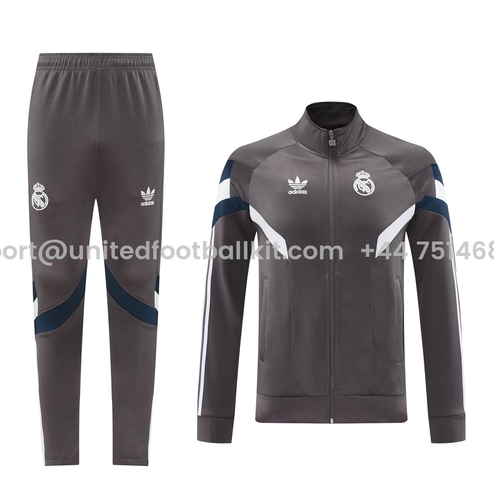 Unitedfootballkit.com | Real Madrid 24-25 Trefoil Vintage Jacket Training Tracksuit - Grey -Customize Name, Number and Patch | Worldwide Shipping