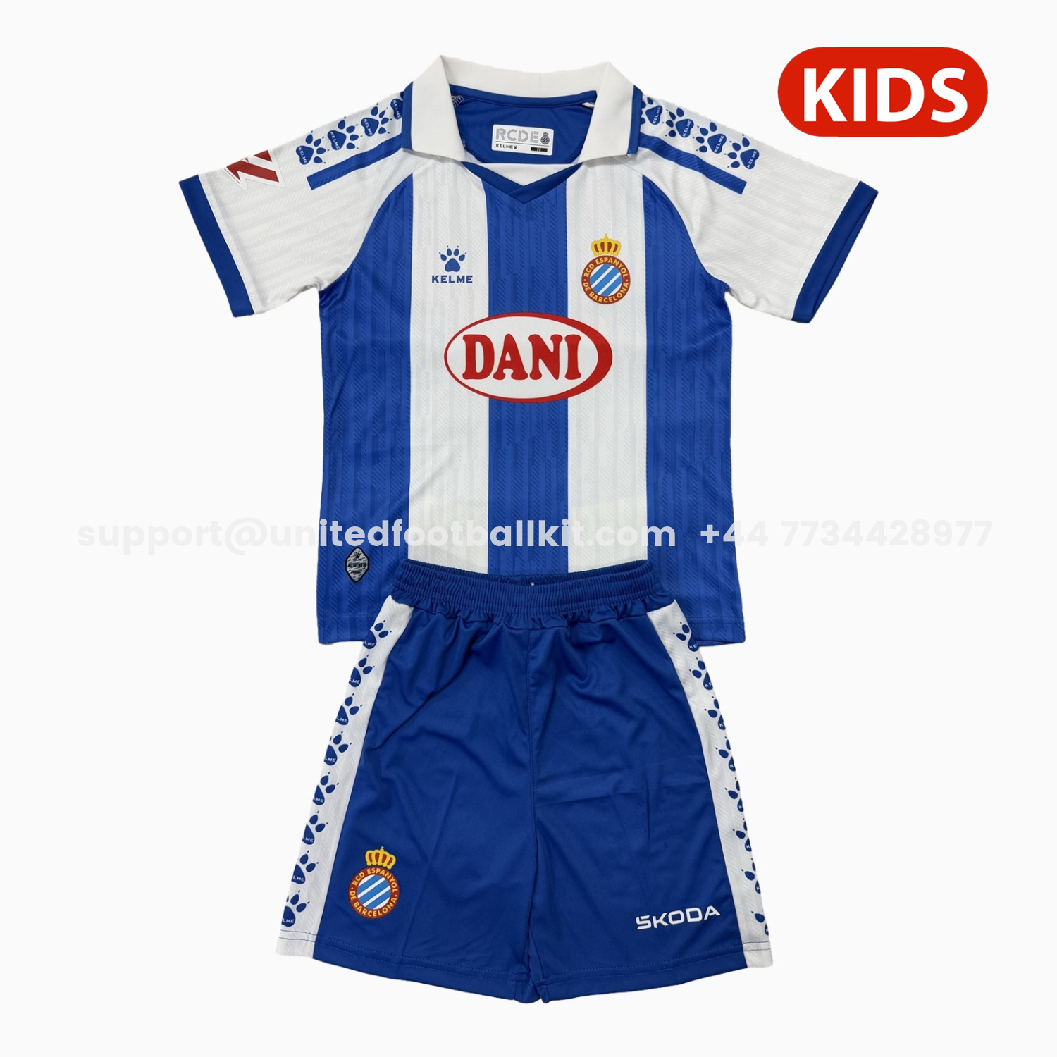 Unitedfootballkit.com | RCD Espanyol 25-26 Home Kids Kit -Customize Name, Number and Patch | Worldwide Shipping