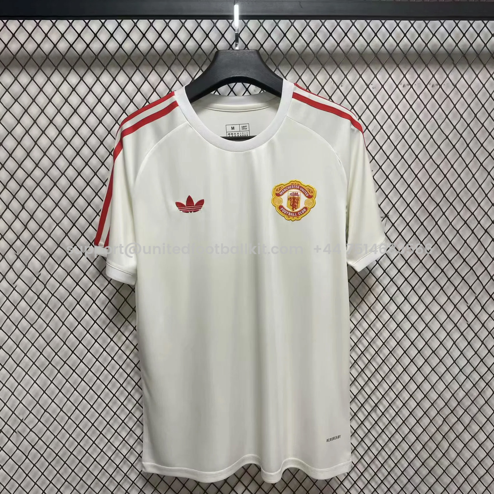 Unitedfootballkit.com | Manchester United 24-25 Vintage Trefoil White and Red Men's T-Shirt -Customize Name, Number and Patch | Worldwide Shipping
