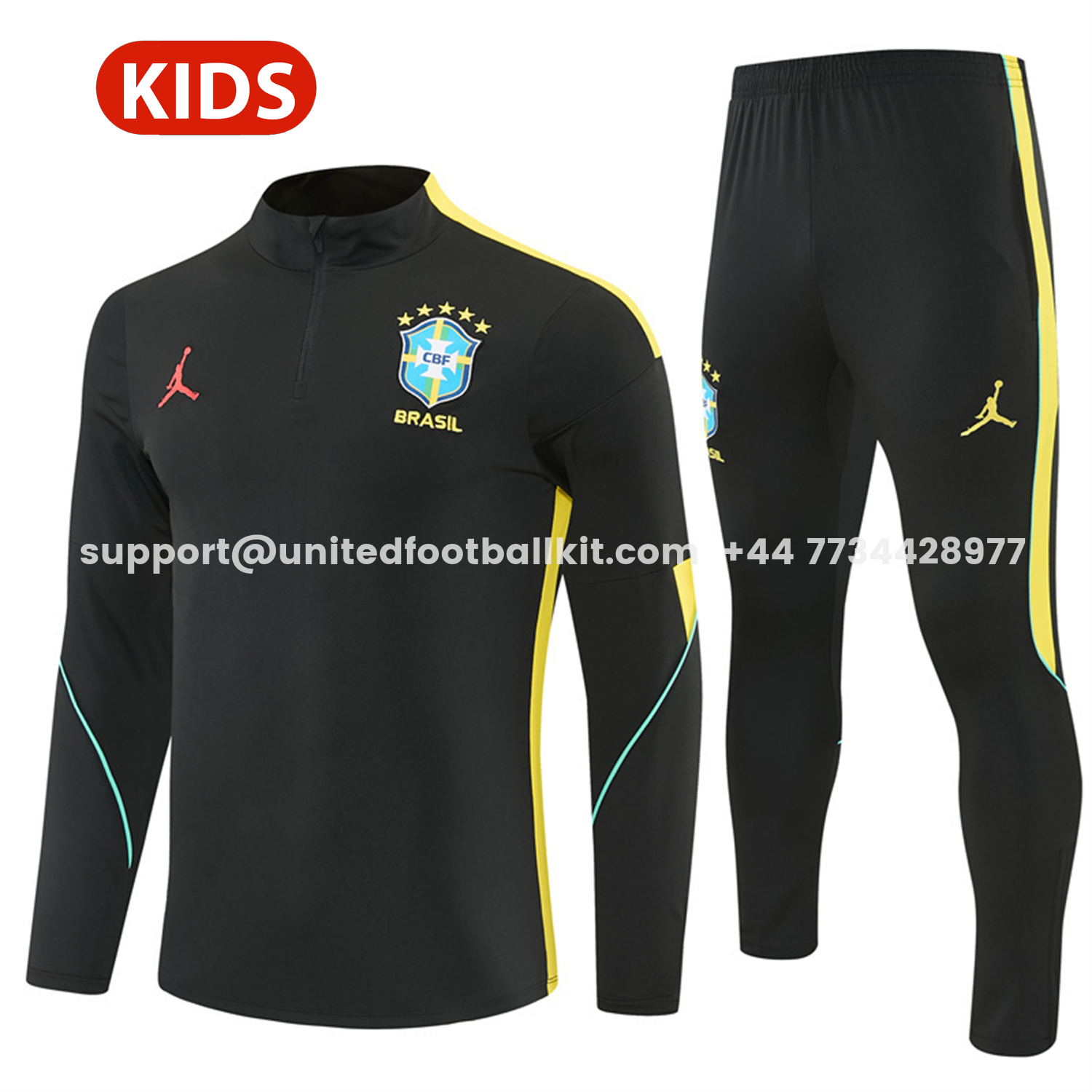 Unitedfootballkit.com | Brazil X JD 2026 Kids Long Sleeves Training Set - Black Top And Black Yellow Pants -Customize Name, Number and Patch | Worldwide Shipping