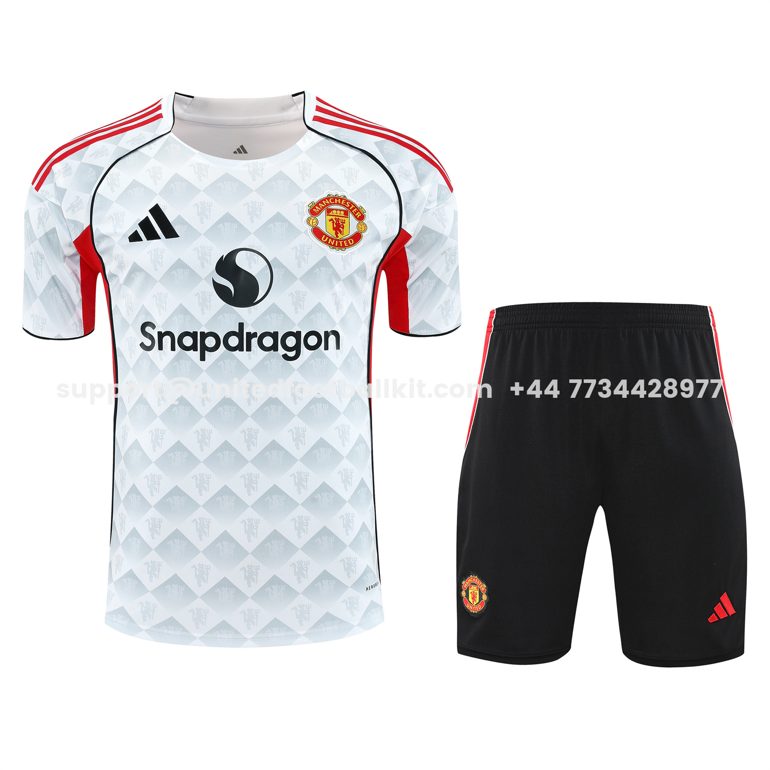 Unitedfootballkit.com | Manchester United 25-26 Short-Sleeve Training Set - Red Edge White Top & Black Shorts -Customize Name, Number and Patch | Worldwide Shipping