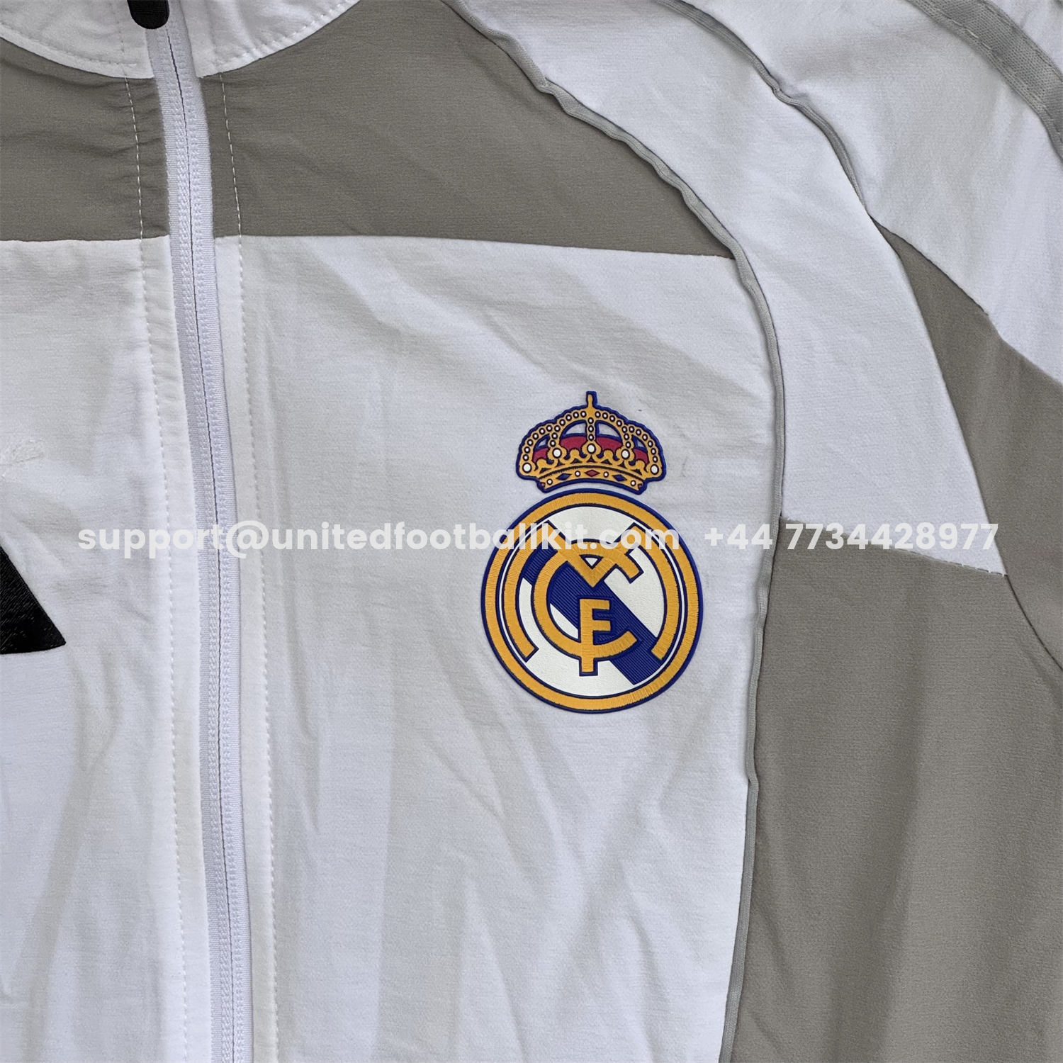 Unitedfootballkit.com | Real Madrid 25-26 Windbreaker Training Set - White With Grey Top and Grey Pants -Customize Name, Number and Patch | Worldwide Shipping