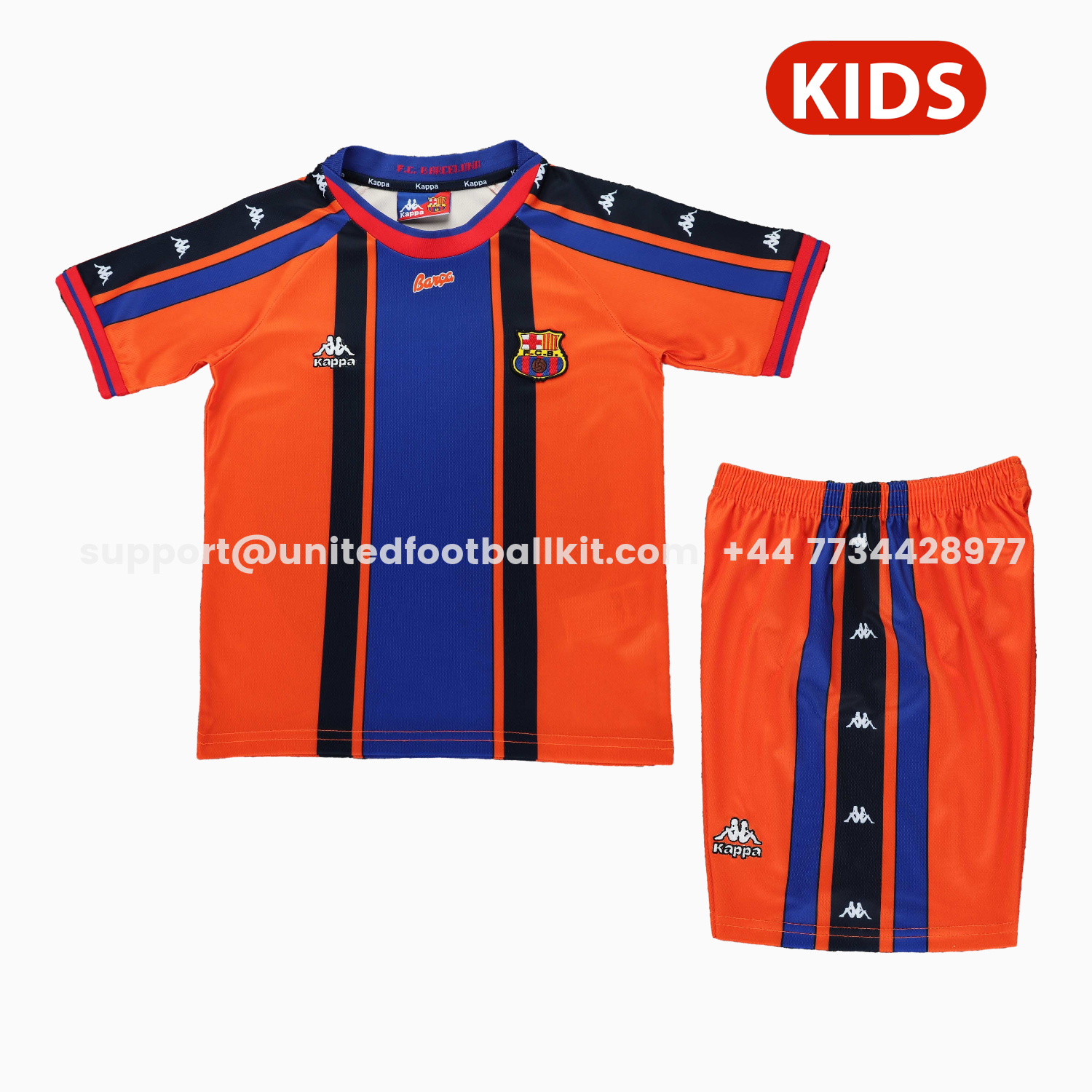 Unitedfootballkit.com | Retro Barcelona 1997-98 Away Kids Kit -Customize Name, Number and Patch | Worldwide Shipping