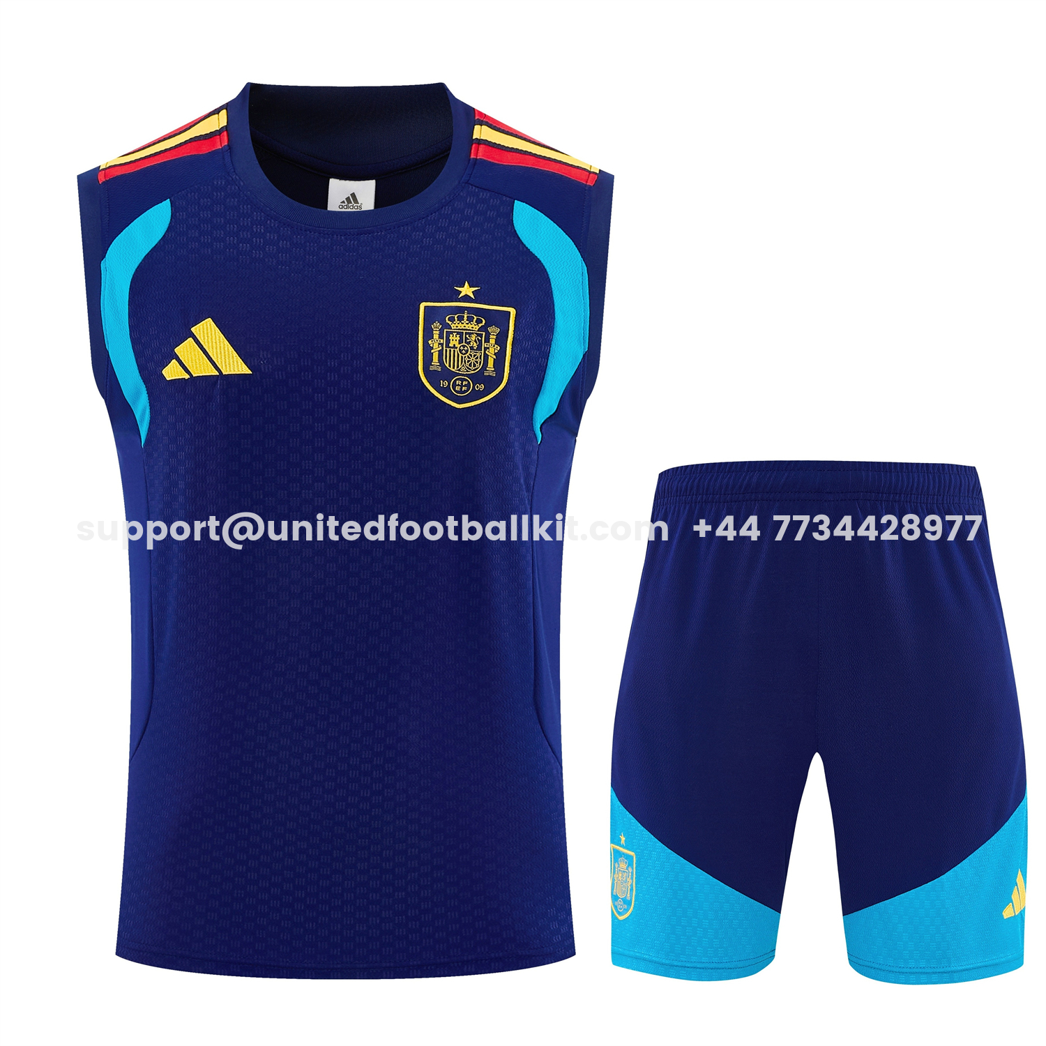 Unitedfootballkit.com | Spain 2026 Vest Training Set - Dark Blue Vest and Shorts -Customize Name, Number and Patch | Worldwide Shipping