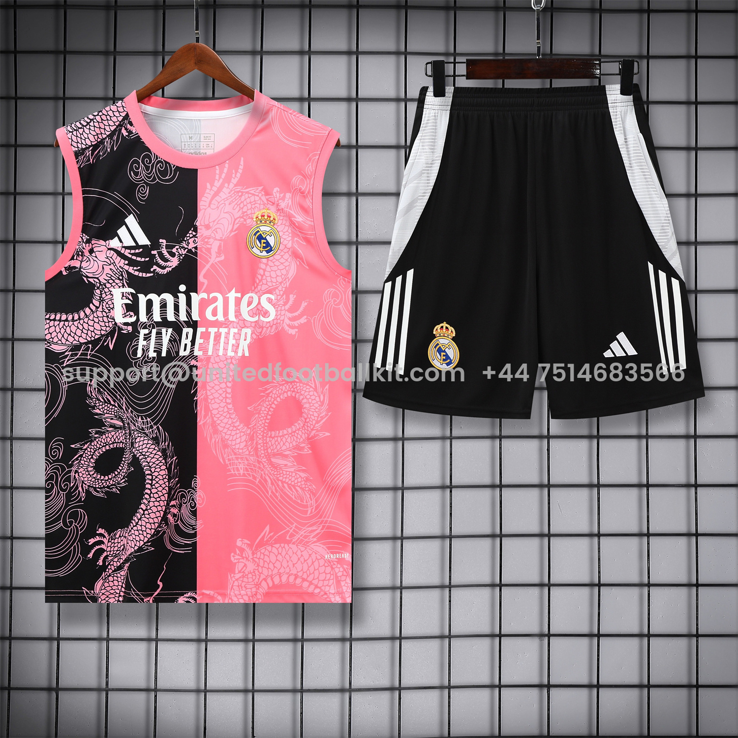 Unitedfootballkit.com | Real Madrid 25-26 Vest Training Set - Pink-Black Dragon Vest & Black-White Shorts -Customize Name, Number and Patch | Worldwide Shipping