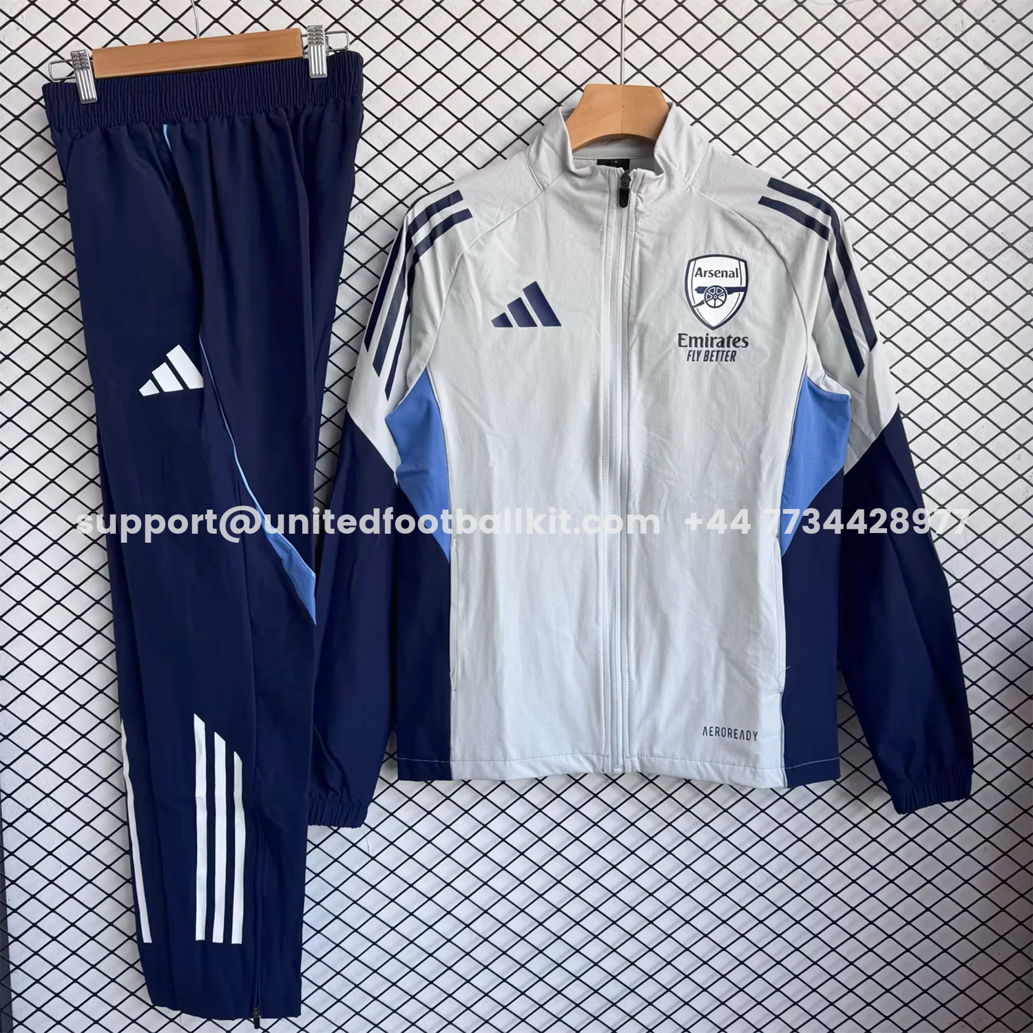 Unitedfootballkit.com | Arsenal 25-26 Windbreaker Training Set - Light Grey Top and Blue Pants -Customize Name, Number and Patch | Worldwide Shipping