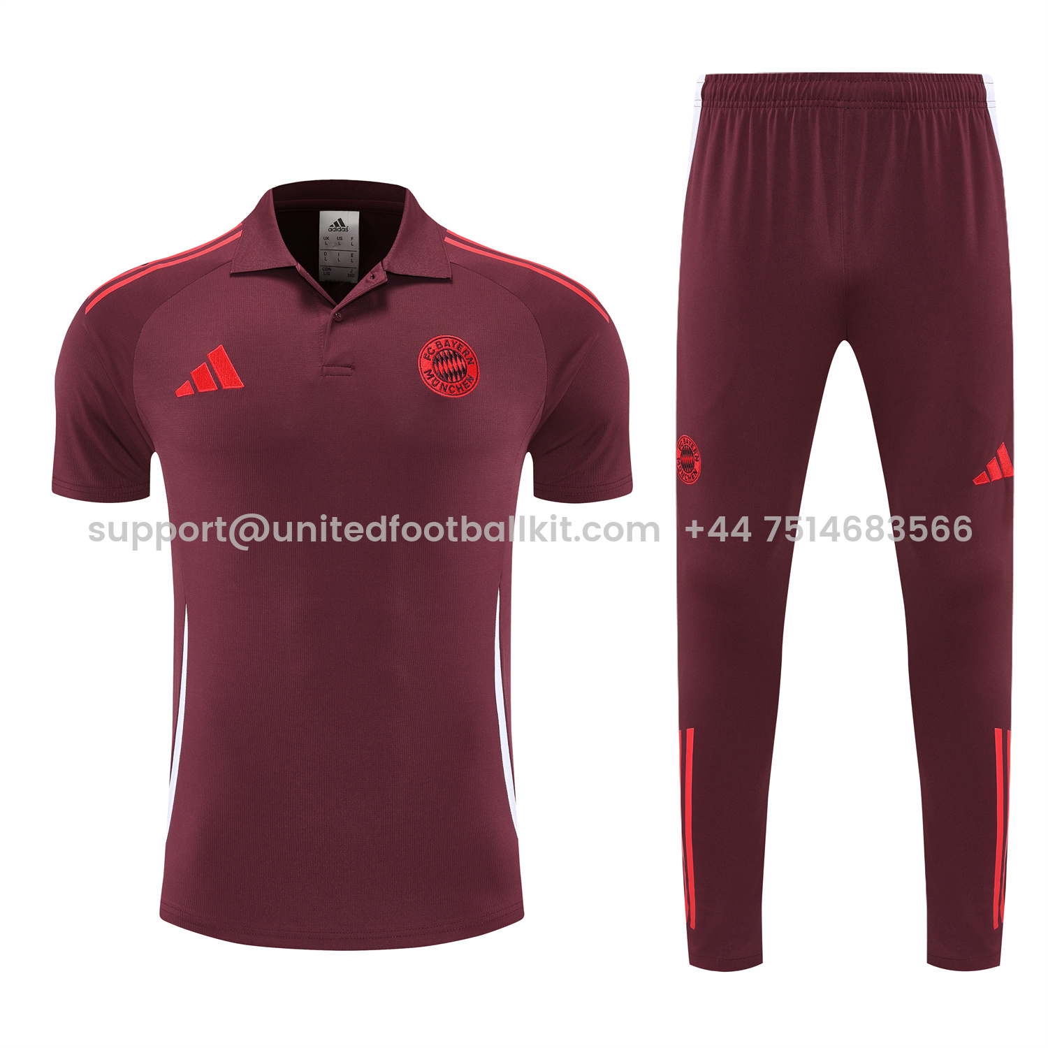 Unitedfootballkit.com | Bayern Munich 25-26 POLO Short-Sleeve Training Set With Red Logo - Deep Red Top & Deep Red Pants -Customize Name, Number and Patch | Worldwide Shipping