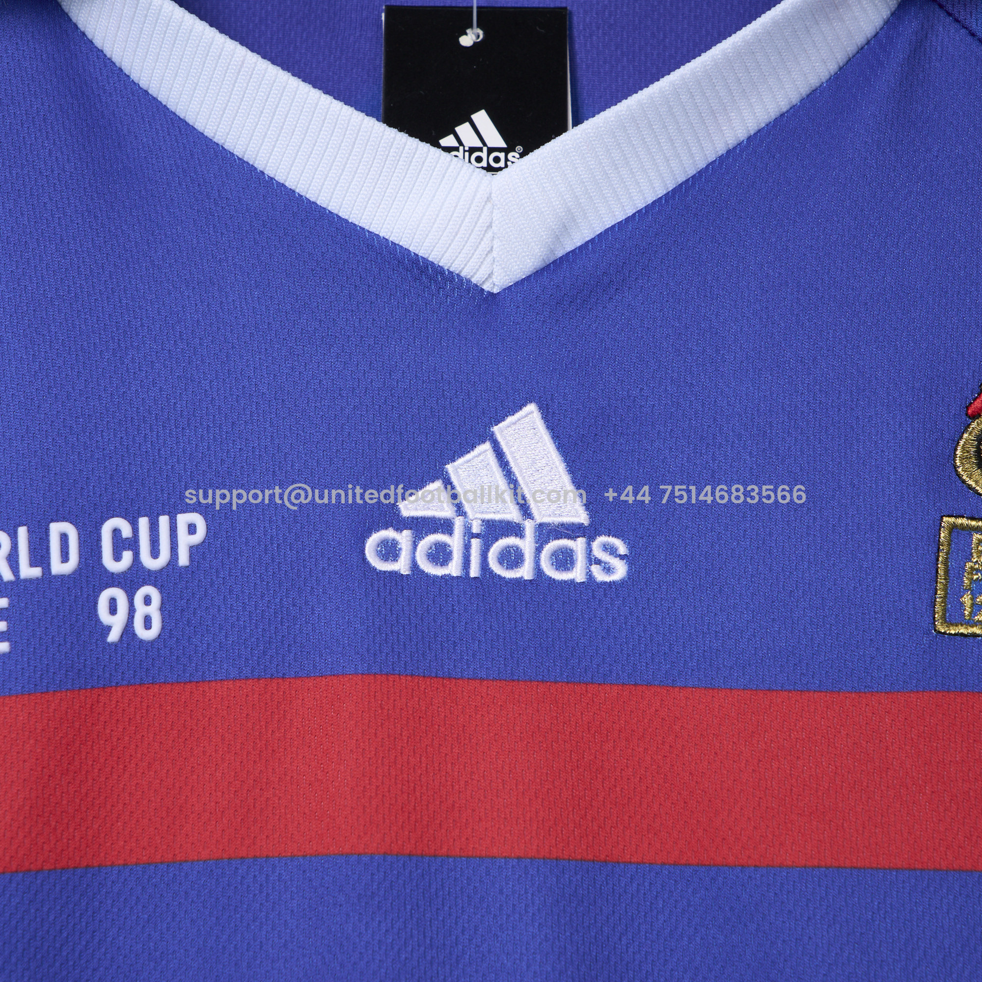 Unitedfootballkit.com | Retro France 1998 Home Stadium Jersey (with 1998 World Cup mark on right chest) -Customize Name, Number and Patch | Worldwide Shipping
