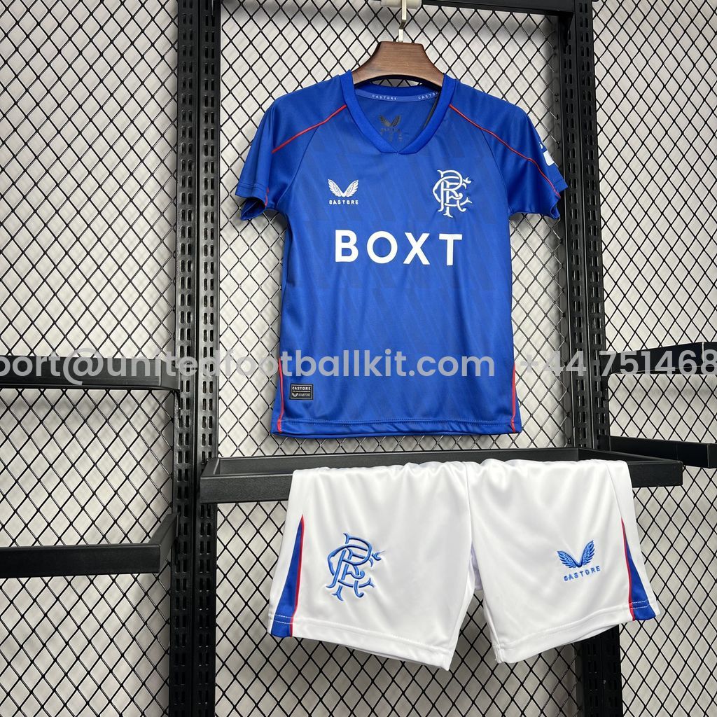 Unitedfootballkit.com | Glasgow Rangers 24-25 Home Stadium Kids Kit -Customize Name, Number and Patch | Worldwide Shipping