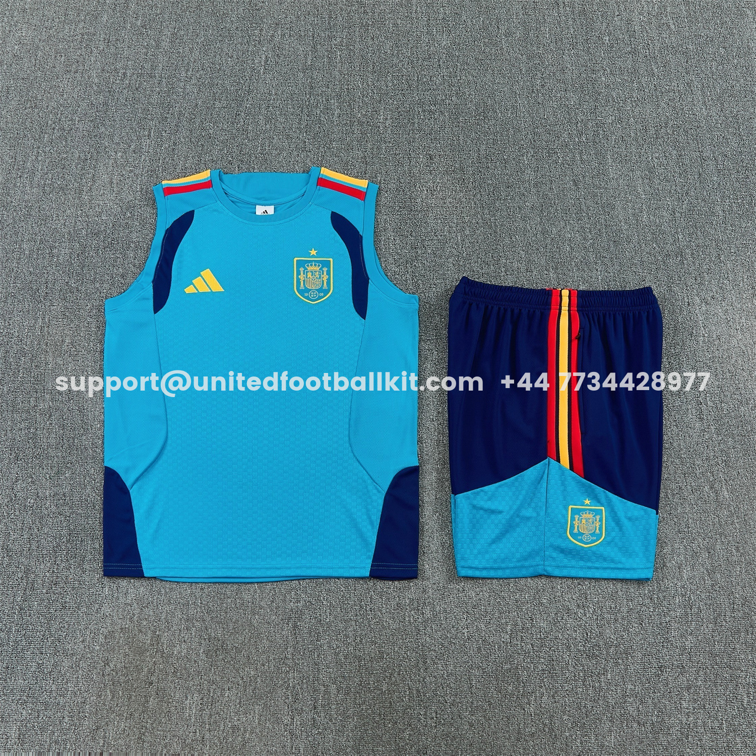 Unitedfootballkit.com | Spain 2026 Vest Training Set - Lake Blue Vest and Dark Blue Shorts -Customize Name, Number and Patch | Worldwide Shipping