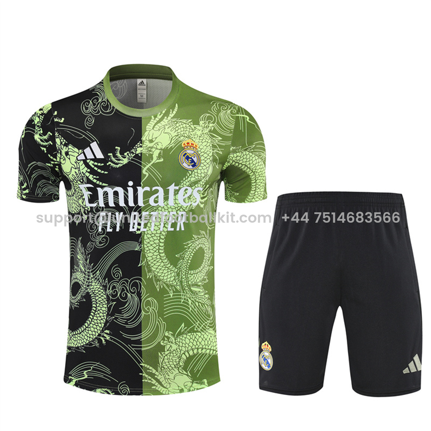 Unitedfootballkit.com | Real Madrid 25-26 Kid Short-Sleeve Training Set - Green Black Top & Black Shorts -Customize Name, Number and Patch | Worldwide Shipping