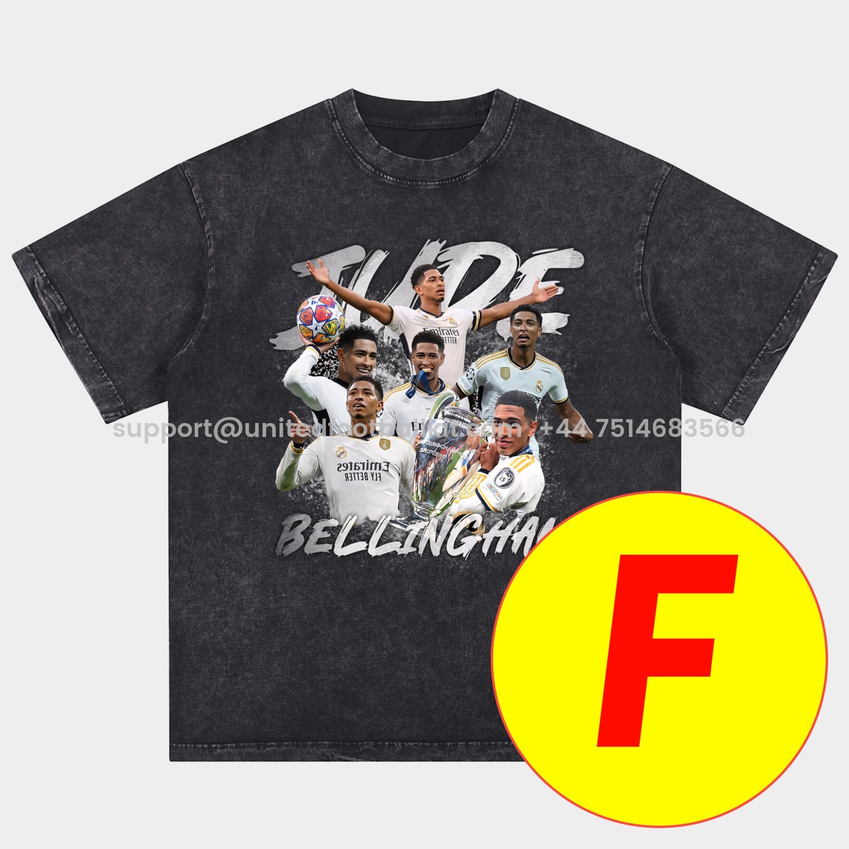 Unitedfootballkit.com | Bellingham Real Madrid England 24-25 25-26 Oversized Washed T-Shirt -Customize Name, Number and Patch | Worldwide Shipping