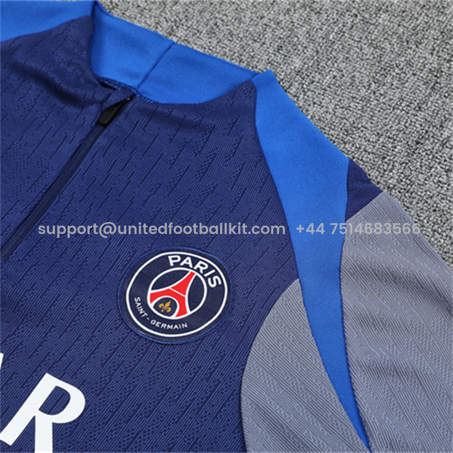 Unitedfootballkit.com | Paris Saint-Germain PSG 25-26 Kid Long Sleeves Training Set - Royal Blue Gray Sleeves Top & Royal Blue Pants -Customize Name, Number and Patch | Worldwide Shipping