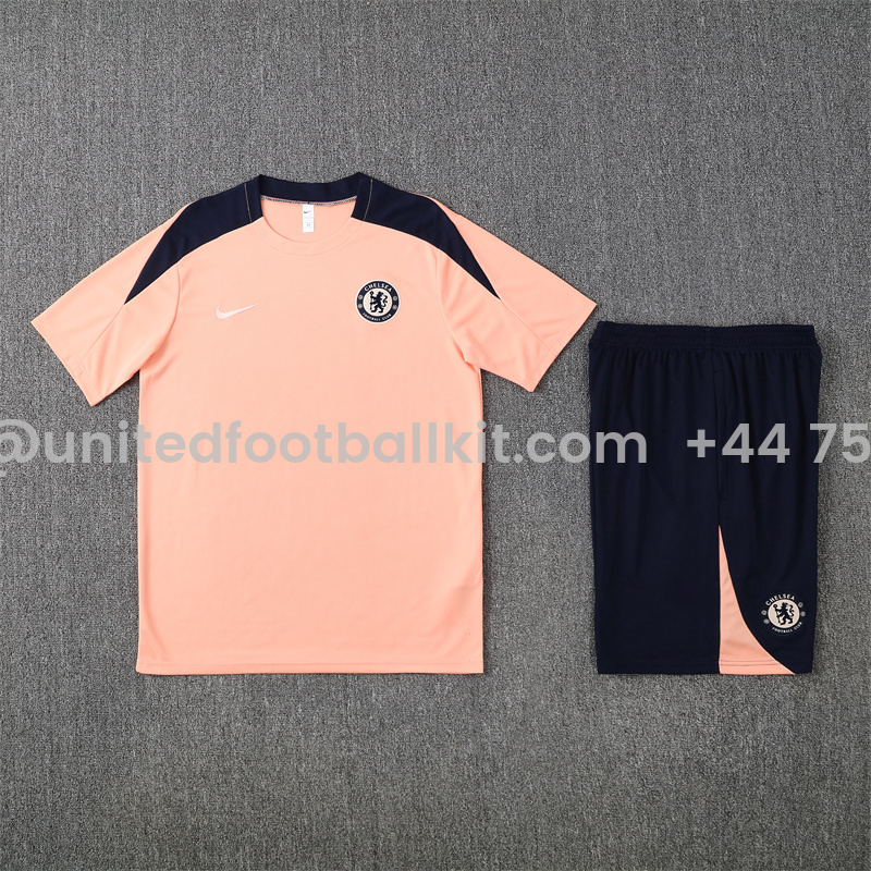 Unitedfootballkit.com | C.H.E.L.S.E.A 25-26 Kids Short-Sleeve Training Set - Pink top & Blue Shorts -Customize Name, Number and Patch | Worldwide Shipping