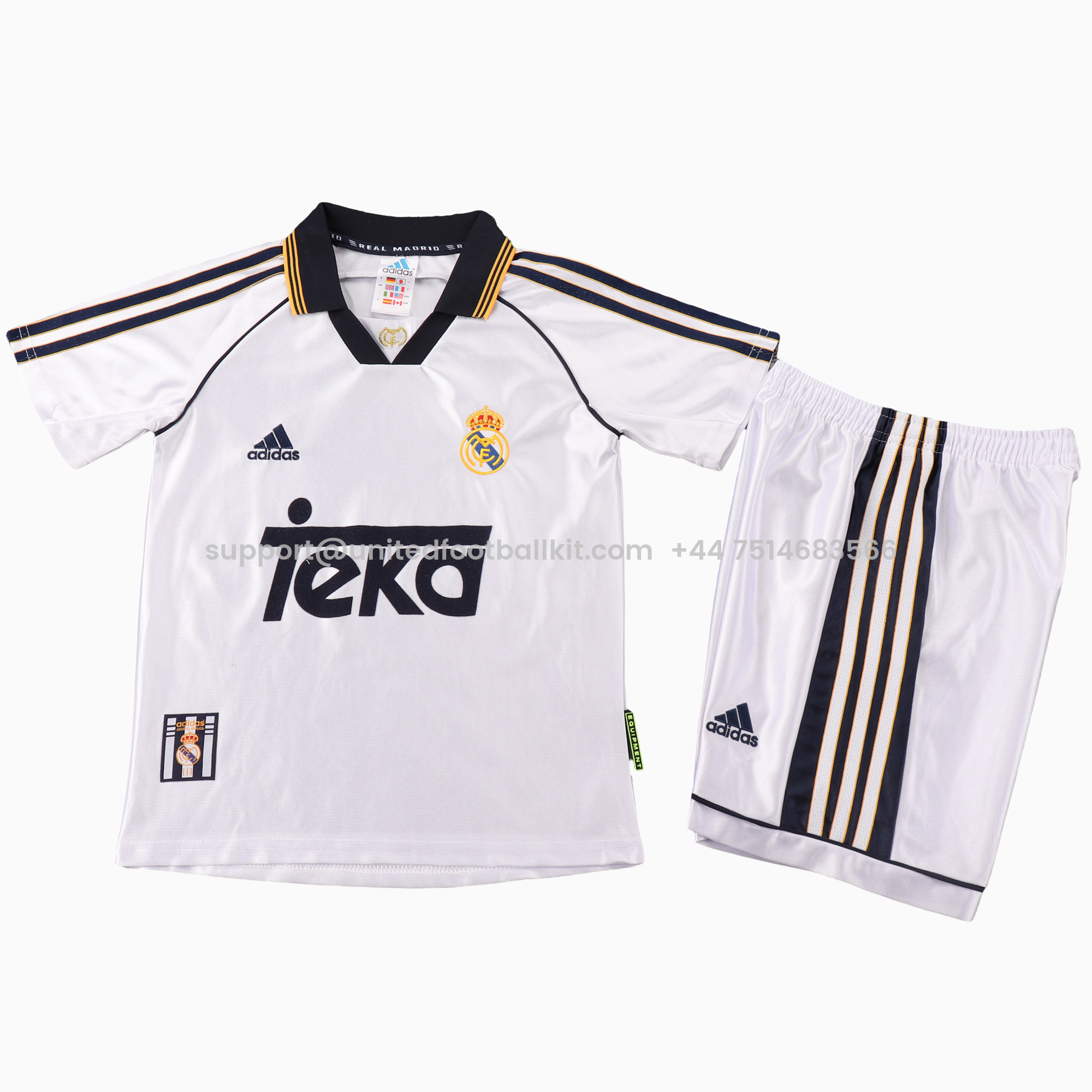 Unitedfootballkit.com | Retro Real Madrid 1998-00 Home Kids Kit -Customize Name, Number and Patch | Worldwide Shipping