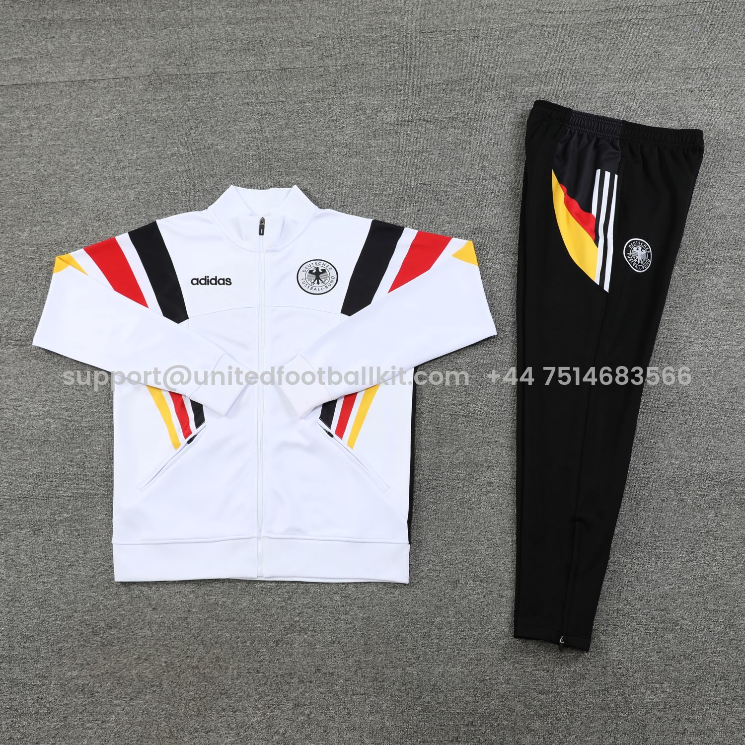 Unitedfootballkit.com | Germany 2024 Jacket Training Tracksuit - White With Yellow, Red And Black Stripe -Customize Name, Number and Patch | Worldwide Shipping