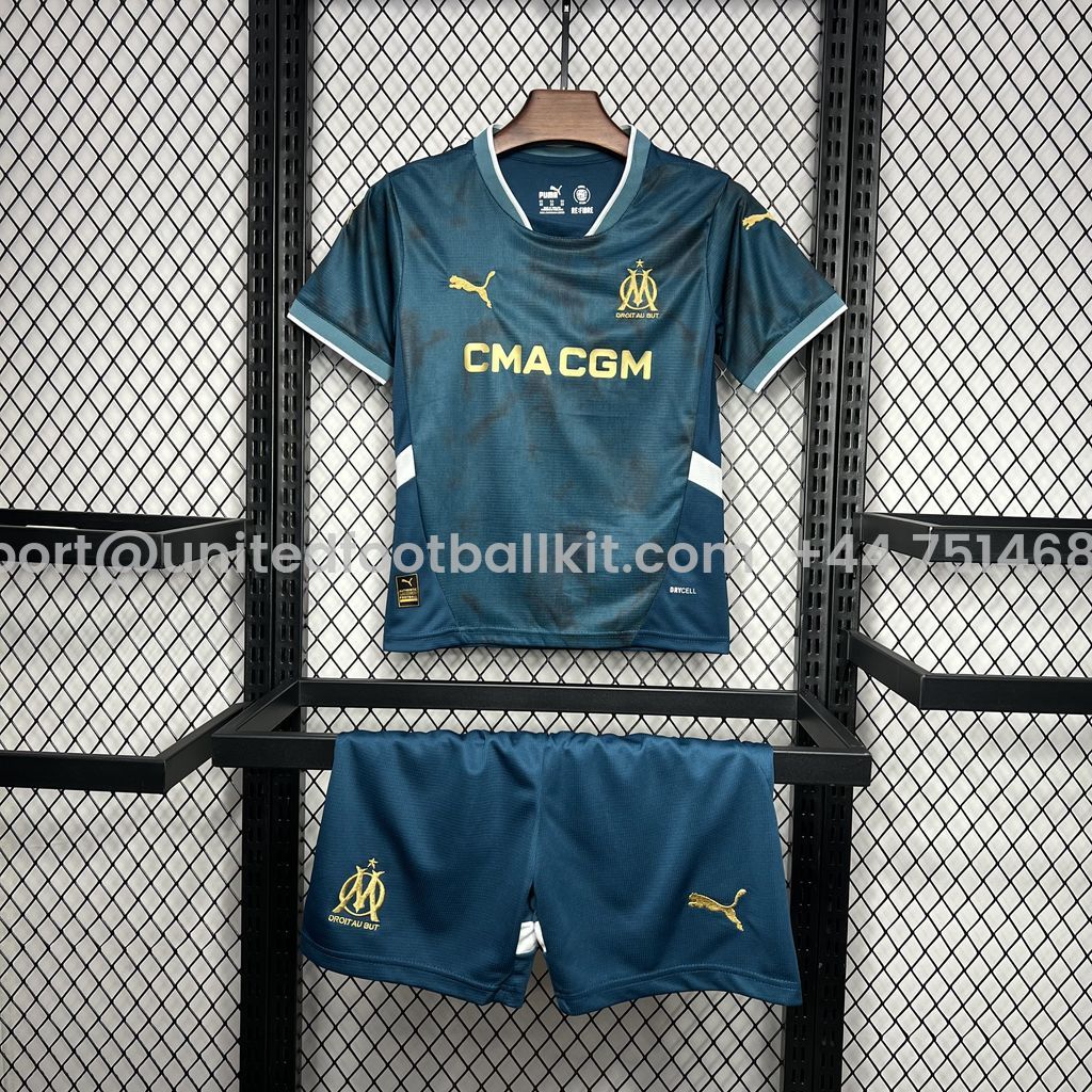 Unitedfootballkit.com | Marseille 24-25 Away Kids Kit -Customize Name, Number and Patch | Worldwide Shipping