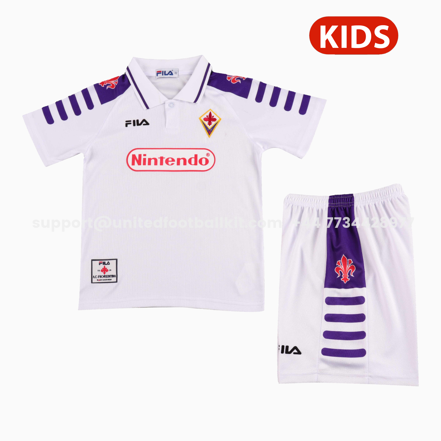 Unitedfootballkit.com | Retro Fiorentina 1998-99 Away Kids Kit -Customize Name, Number and Patch | Worldwide Shipping