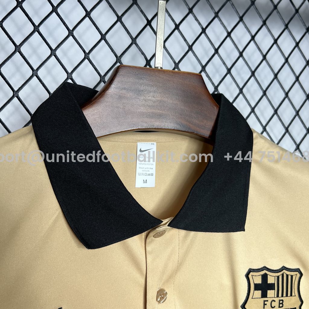 Unitedfootballkit.com | Barcelona 24-25 Gold Polo Shirt - Fans Version -Customize Name, Number and Patch | Worldwide Shipping