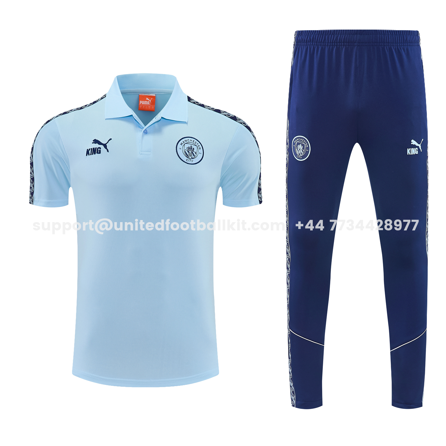 Unitedfootballkit.com | Manchester City 25-26 POLO Short-Sleeve Training Set - Light Blue Top and Dark Blue Pants -Customize Name, Number and Patch | Worldwide Shipping