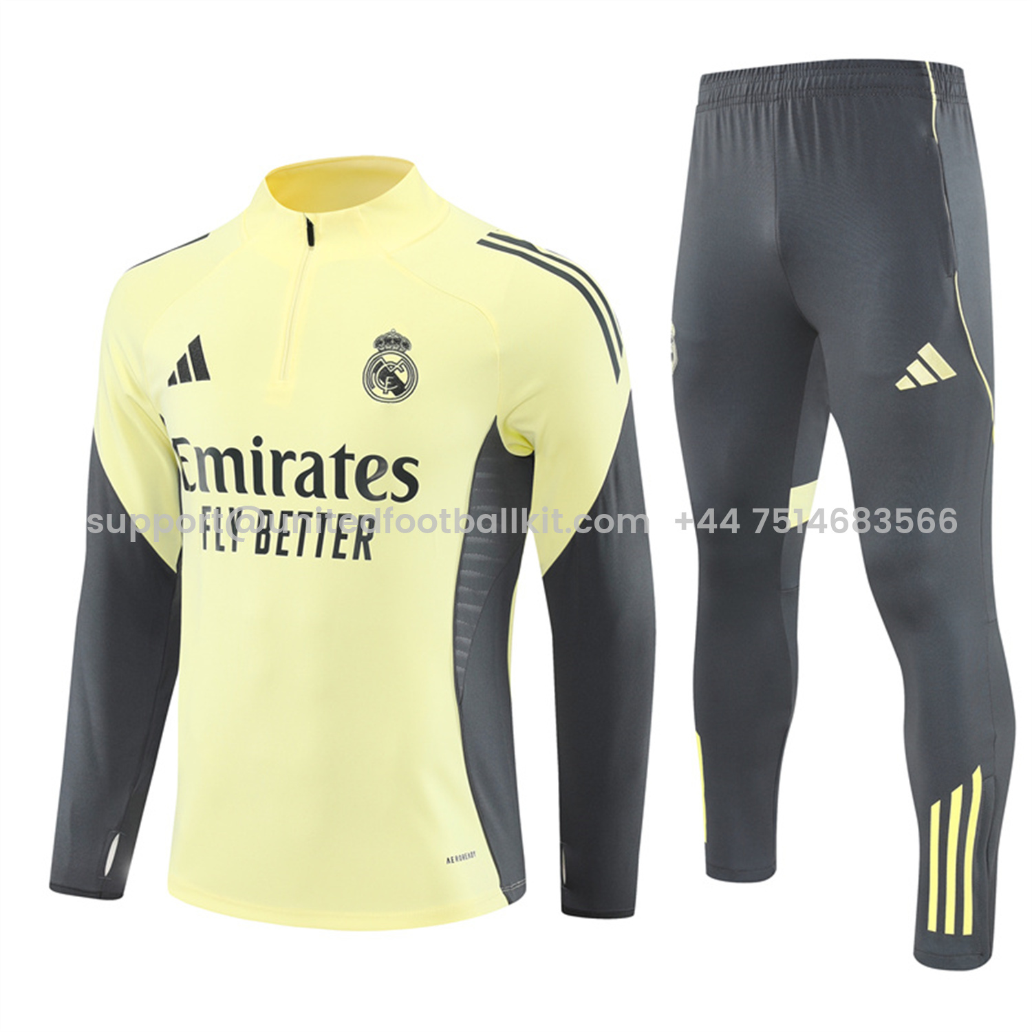 Unitedfootballkit.com | Real Madrid 25-26 Long Sleeves Training Set - Yellow Top & Gray Pants -Customize Name, Number and Patch | Worldwide Shipping
