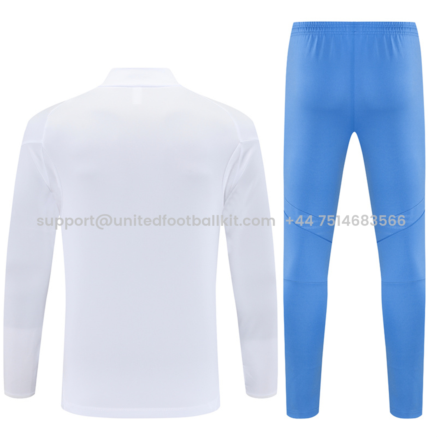 Unitedfootballkit.com | Real Madrid 25-26 Kids Long Sleeve Training Set - White Top & Blue Pants -Customize Name, Number and Patch | Worldwide Shipping