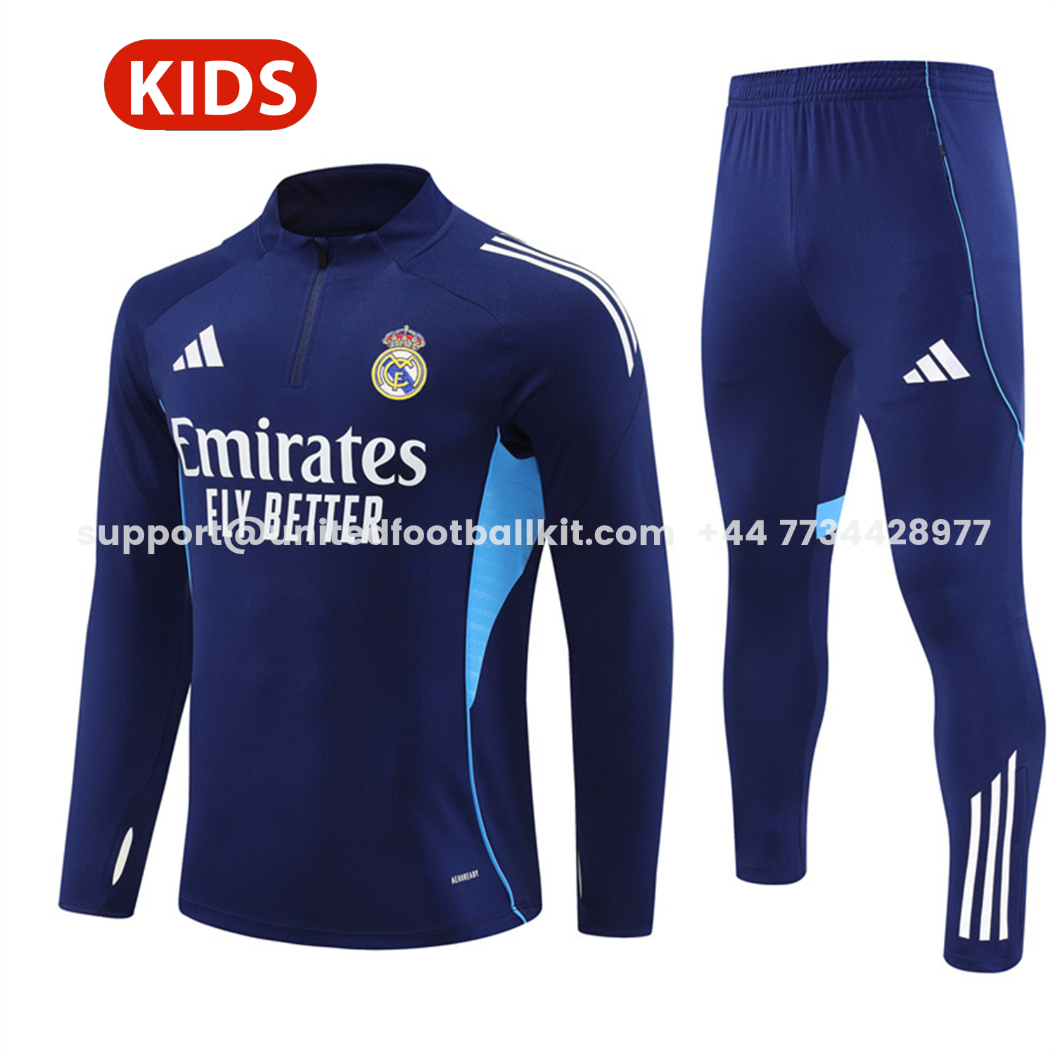 Unitedfootballkit.com | Real Madrid 25-26 Kids Long Sleeve Training Set - Deep Blue Top & Pants -Customize Name, Number and Patch | Worldwide Shipping