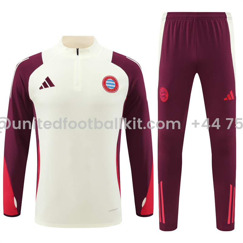 Unitedfootballkit.com | Bayern Munich 24-25 Long Sleeve Training Set - White & Red -Customize Name, Number and Patch | Worldwide Shipping