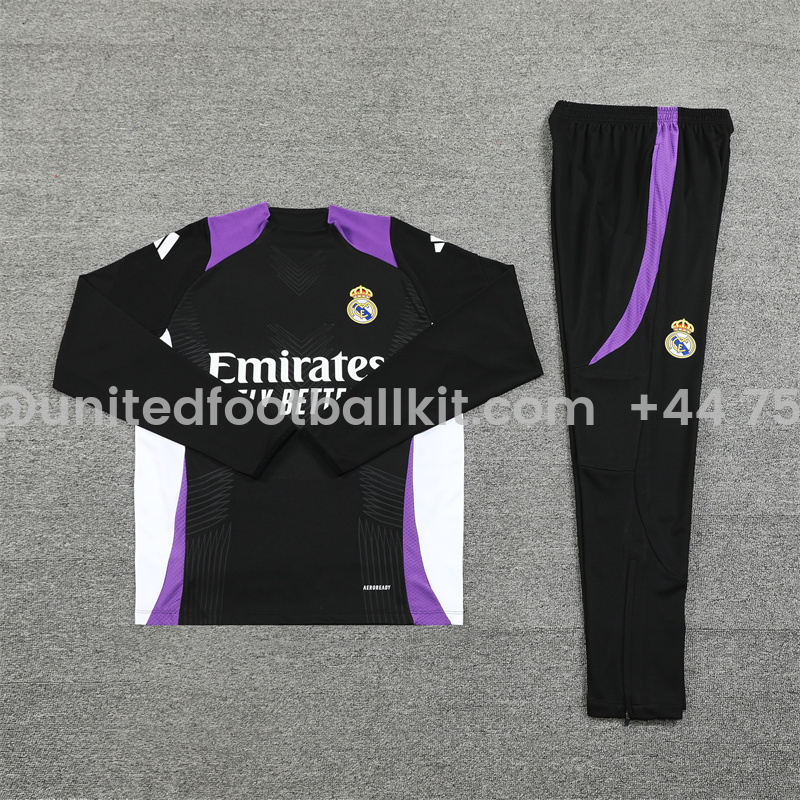 Unitedfootballkit.com | Real Madrid 24-25 Long Sleeve Training Set - Player Version - Black and Purple -Customize Name, Number and Patch | Worldwide Shipping