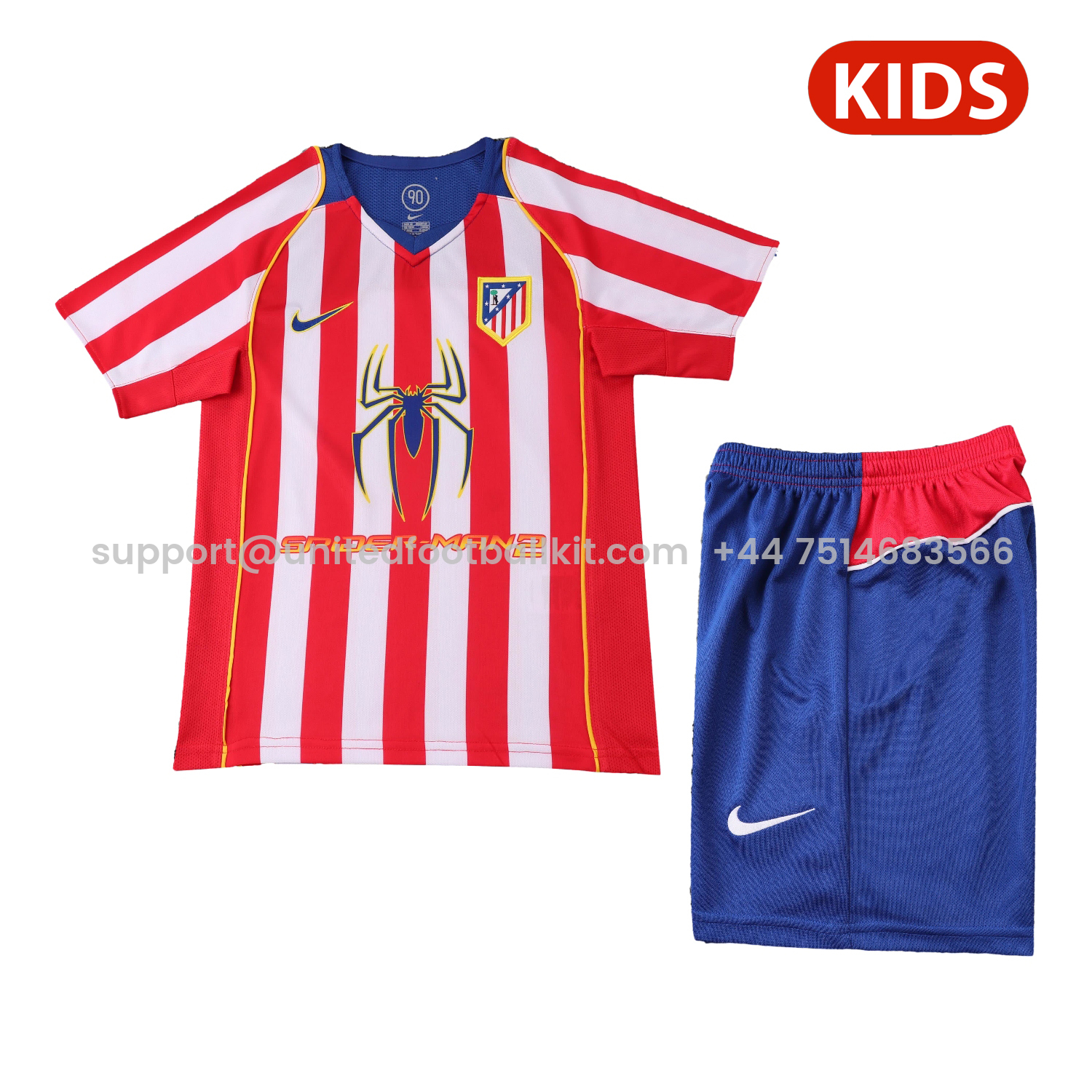 Unitedfootballkit.com | Retro Atletico Madrid 2004-05 Home S.p.i.d.e.r M.a.n Special Kids Kit -Customize Name, Number and Patch | Worldwide Shipping