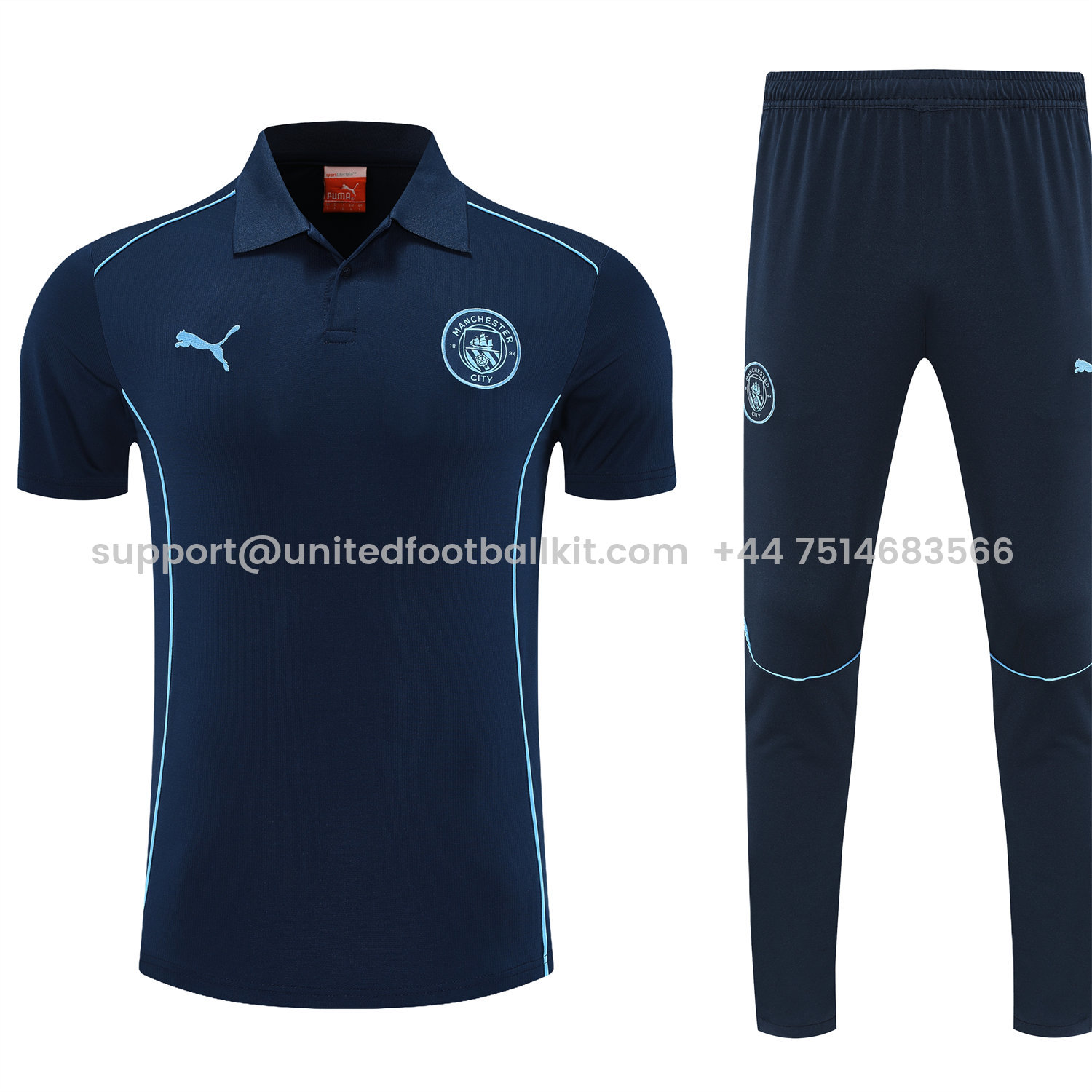 Unitedfootballkit.com | Manchester City 25-26 POLO Short-Sleeve Training Set - Deep Blue Top and Pants -Customize Name, Number and Patch | Worldwide Shipping