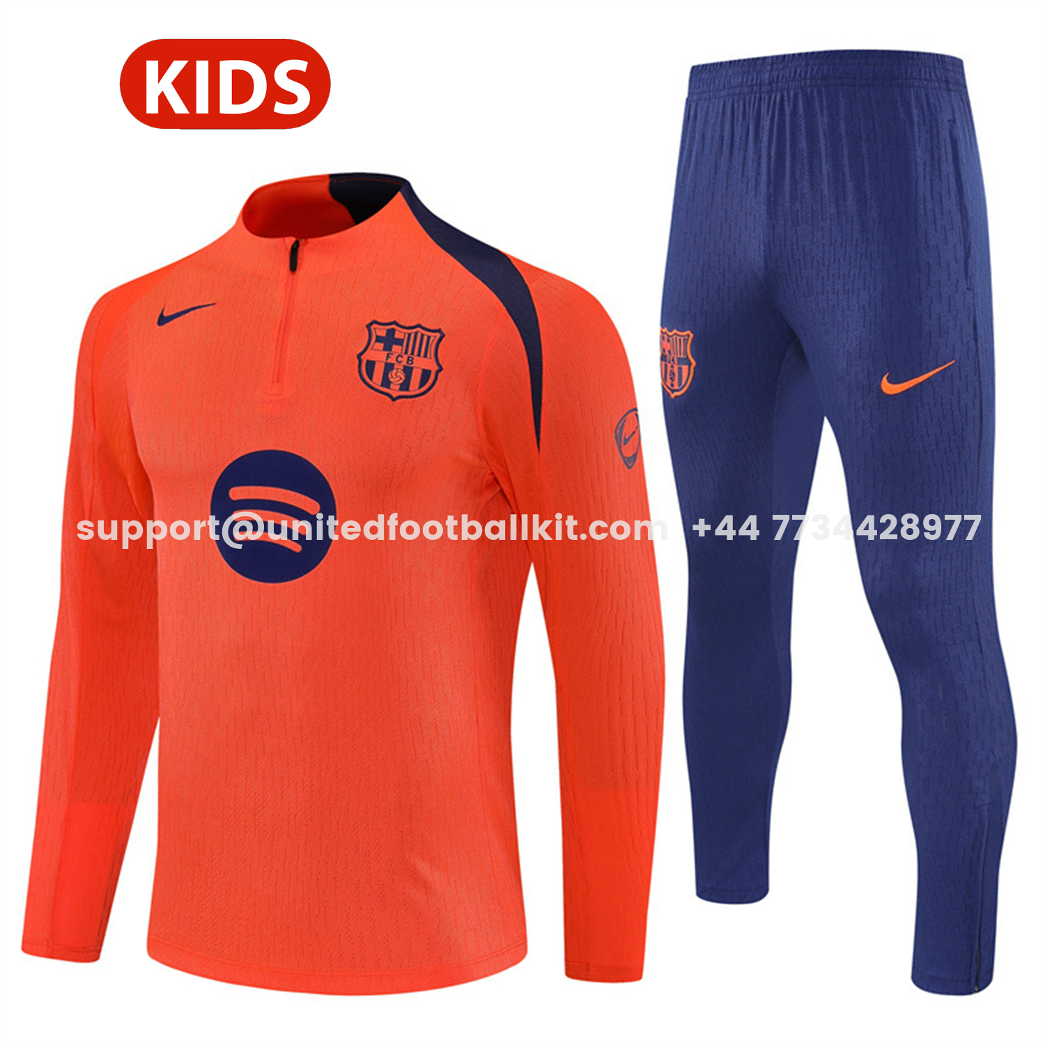 Unitedfootballkit.com | Barcelona 25-26 Kids Long Sleeve Training Set - Orange Top Royal Blue Sponsor & Royal Blue Pants -Customize Name, Number and Patch | Worldwide Shipping