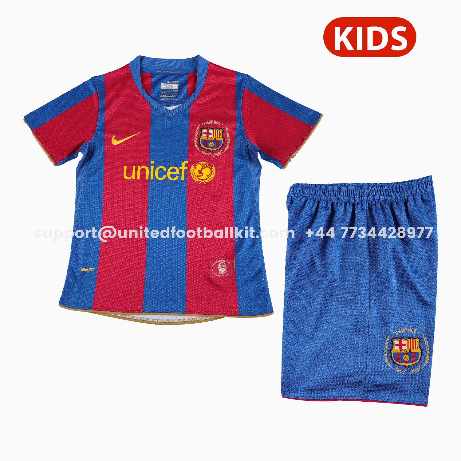 Unitedfootballkit.com | Retro Barcelona 2007-08 Home Kids Kit -Customize Name, Number and Patch | Worldwide Shipping