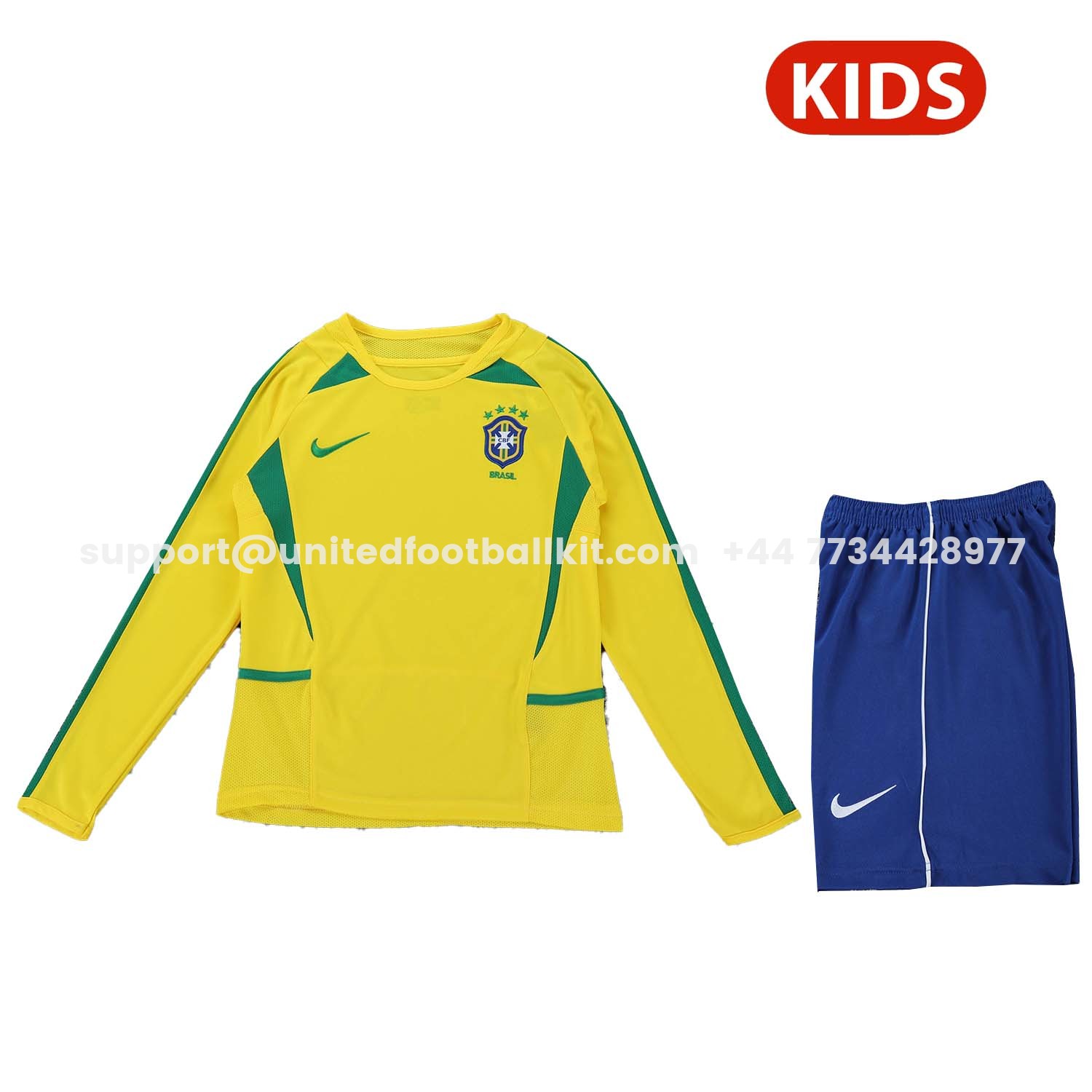 Unitedfootballkit.com | Retro Brazil 2002 Home Long Sleeves Kids Kit -Customize Name, Number and Patch | Worldwide Shipping