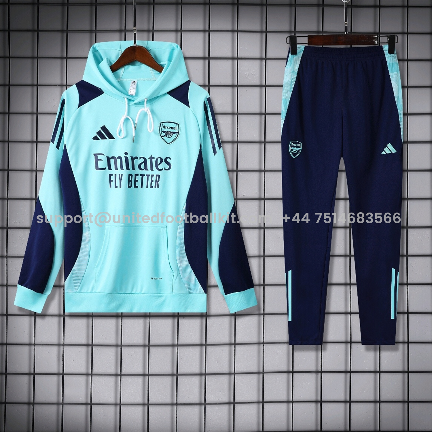 Unitedfootballkit.com | Arsenal 24-25 Training Hoodie Set - Cyan Hoodie and Deep Blue Pants -Customize Name, Number and Patch | Worldwide Shipping