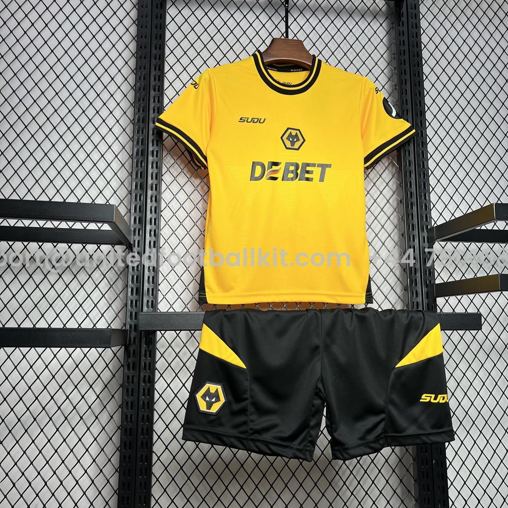 Unitedfootballkit.com | Wolverhampton Wanderers Wolves 24-25 Home Stadium Kids Kit -Customize Name, Number and Patch | Worldwide Shipping