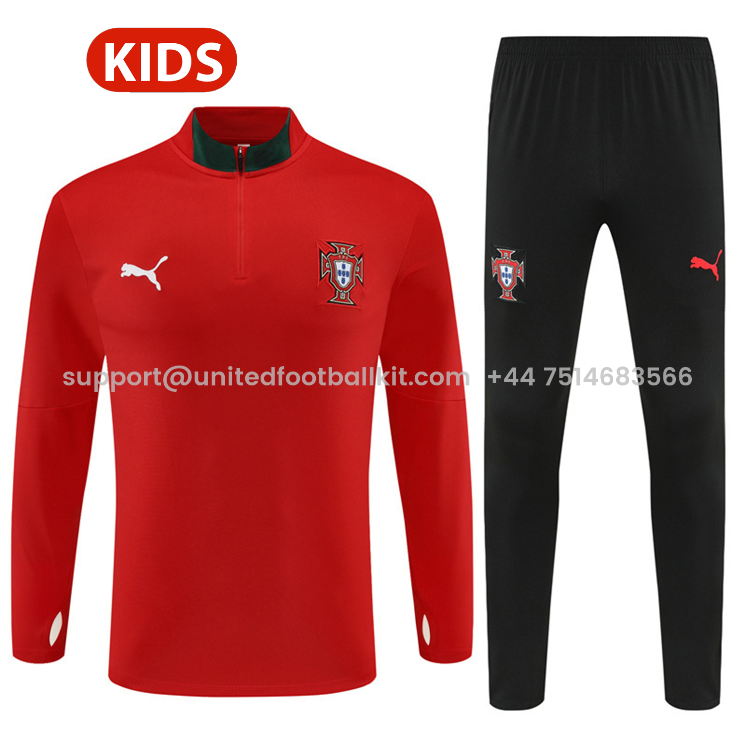 Unitedfootballkit.com | Portugal 25-26 Kids Long Sleeve Training Set - Red Top & Black Pants -Customize Name, Number and Patch | Worldwide Shipping
