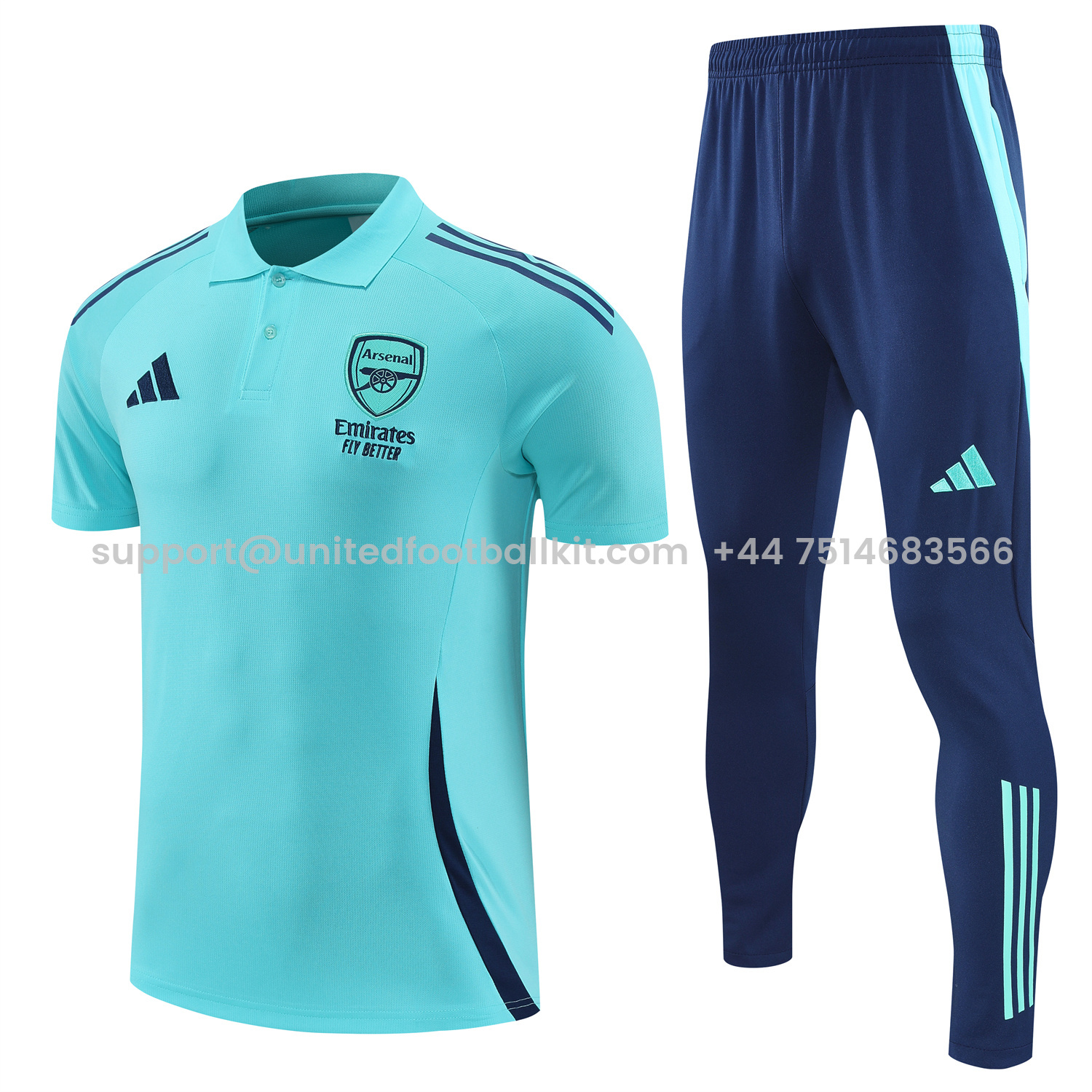 Unitedfootballkit.com | Arsenal 25-26 POLO Short-Sleeve Training Set - Cyan Top and Deep Blue Pants -Customize Name, Number and Patch | Worldwide Shipping
