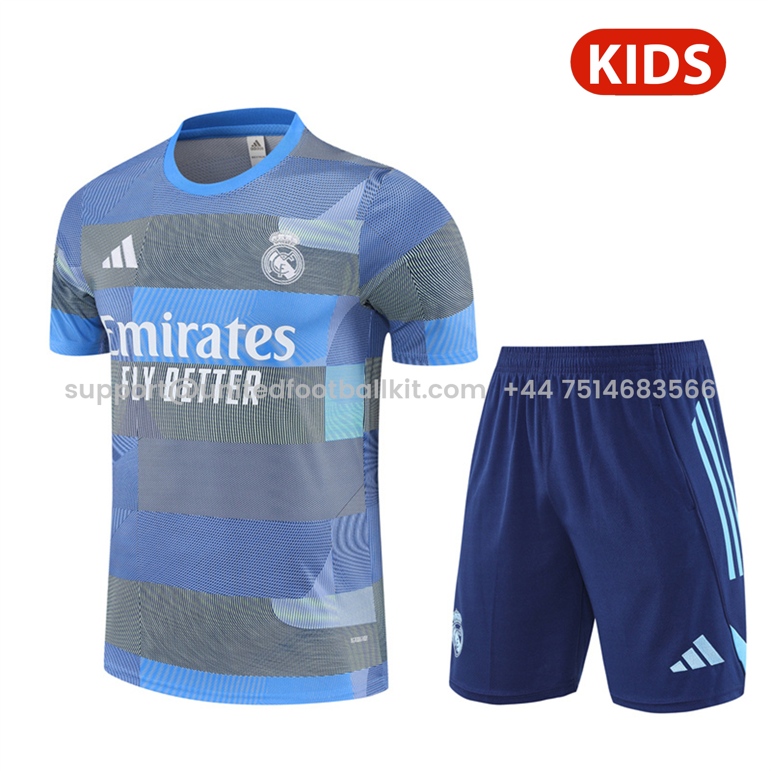 Unitedfootballkit.com | Real Madrid 25-26 Pre-Match Kids Short-Sleeve Training Set - Blue-Gray Camouflage Top and Blue Shorts -Customize Name, Number and Patch | Worldwide Shipping