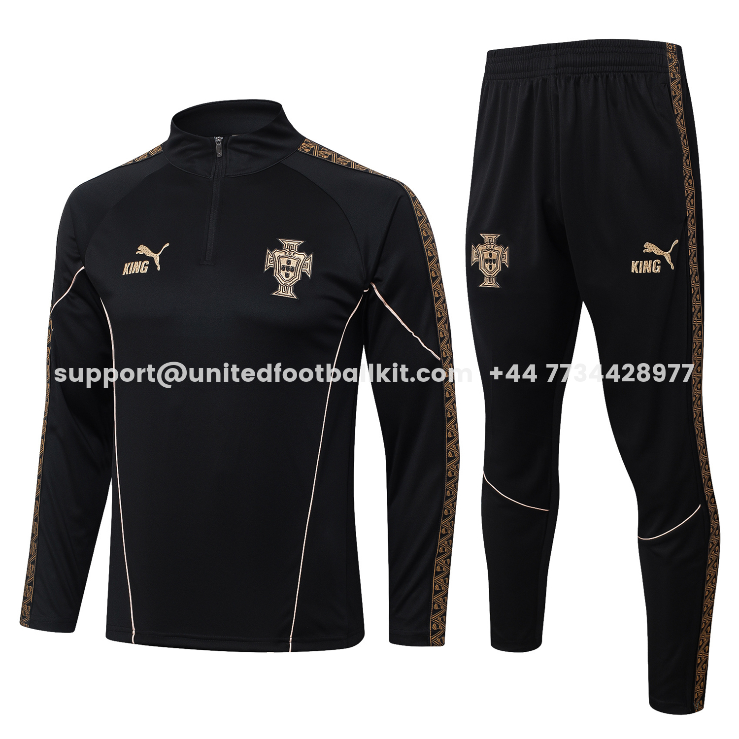 Unitedfootballkit.com | Portugal 2026 Long Sleeve Training Set - Gold Lines Black Top & Pants -Customize Name, Number and Patch | Worldwide Shipping