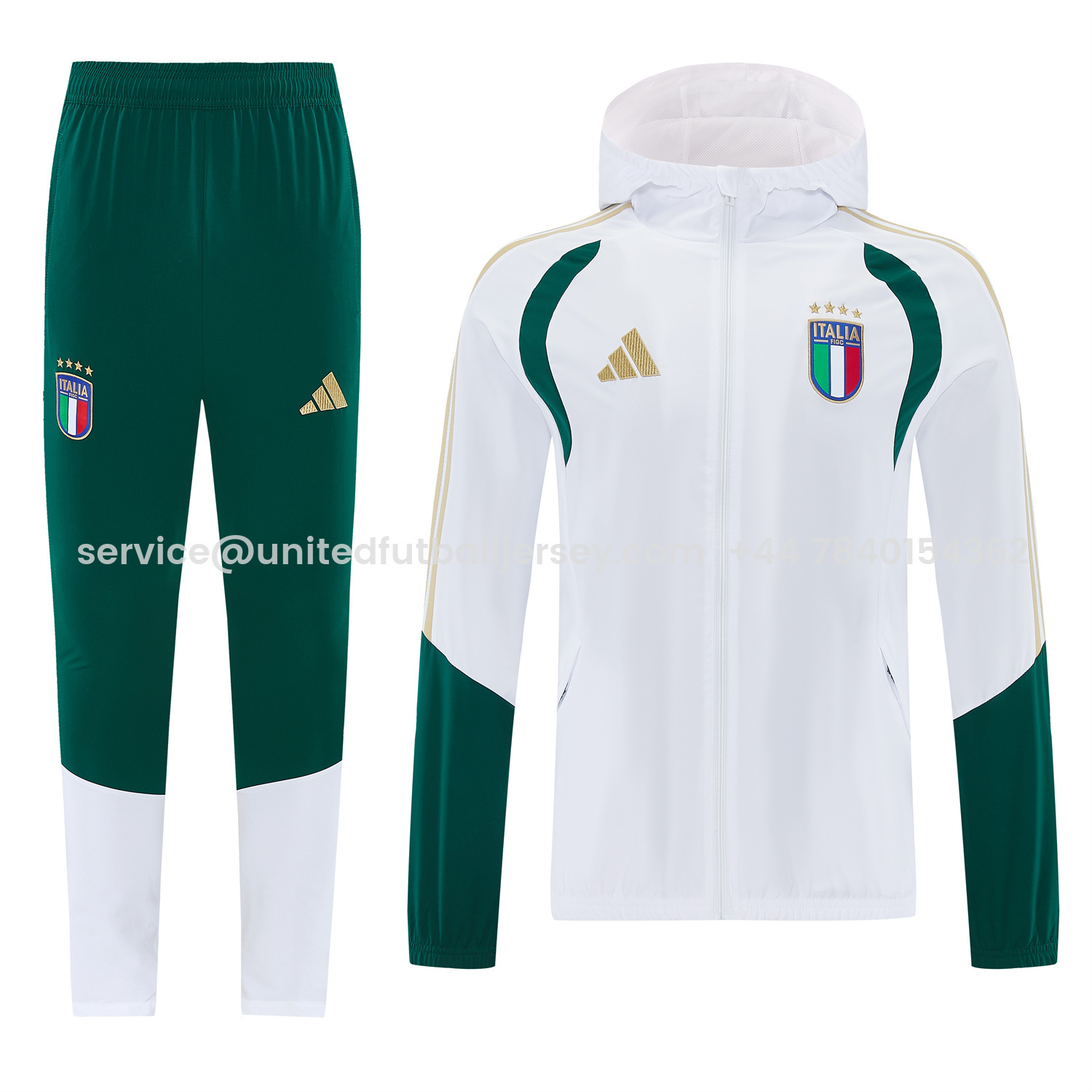 foot-Italy 2026 Hooded Windbreaker Training Set - White Top & Green Pants
