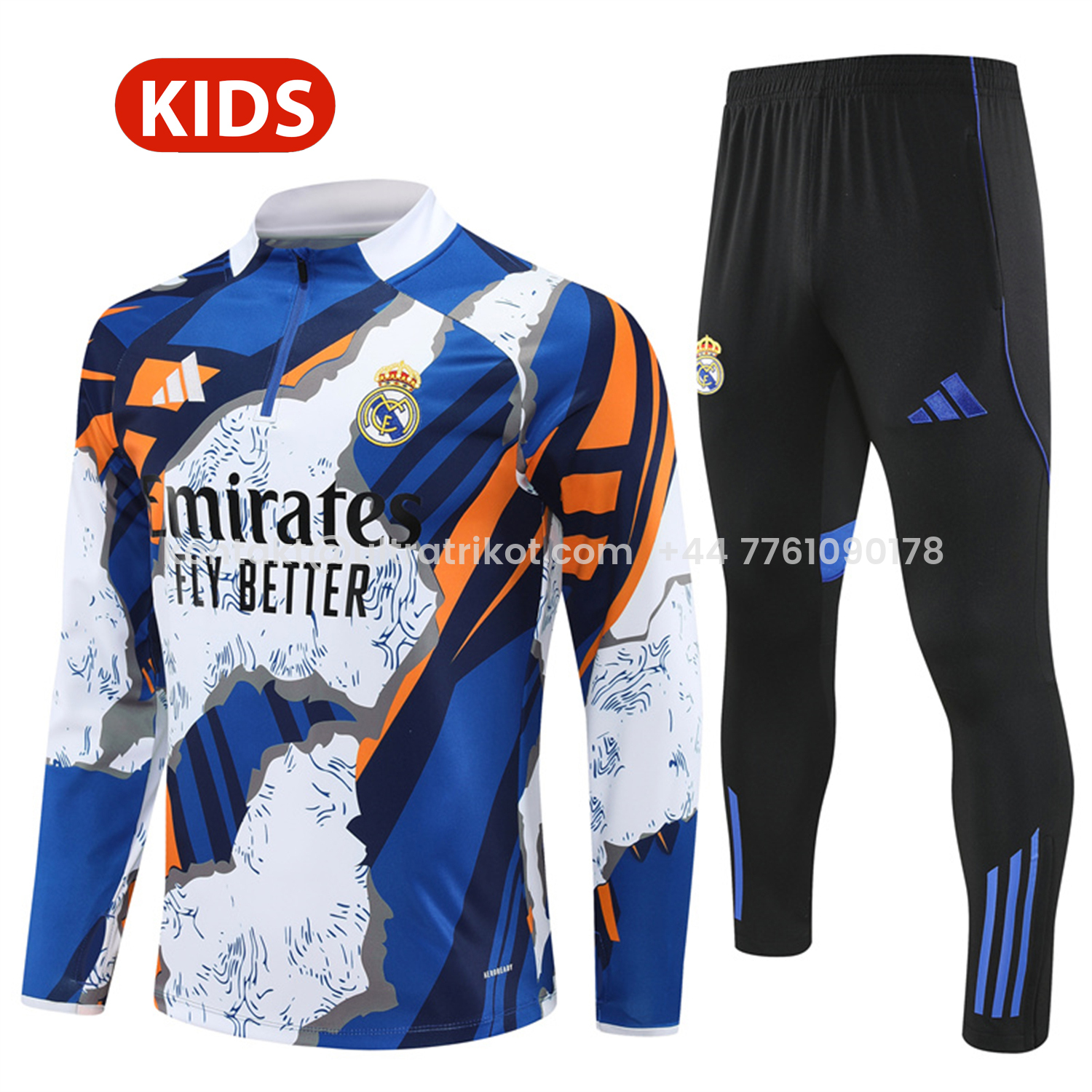UltraTrikot-Real Madrid 25-26 Kids Long Sleeve Training Set - Yellow, White and Blue Camouflage Top and Black Pants