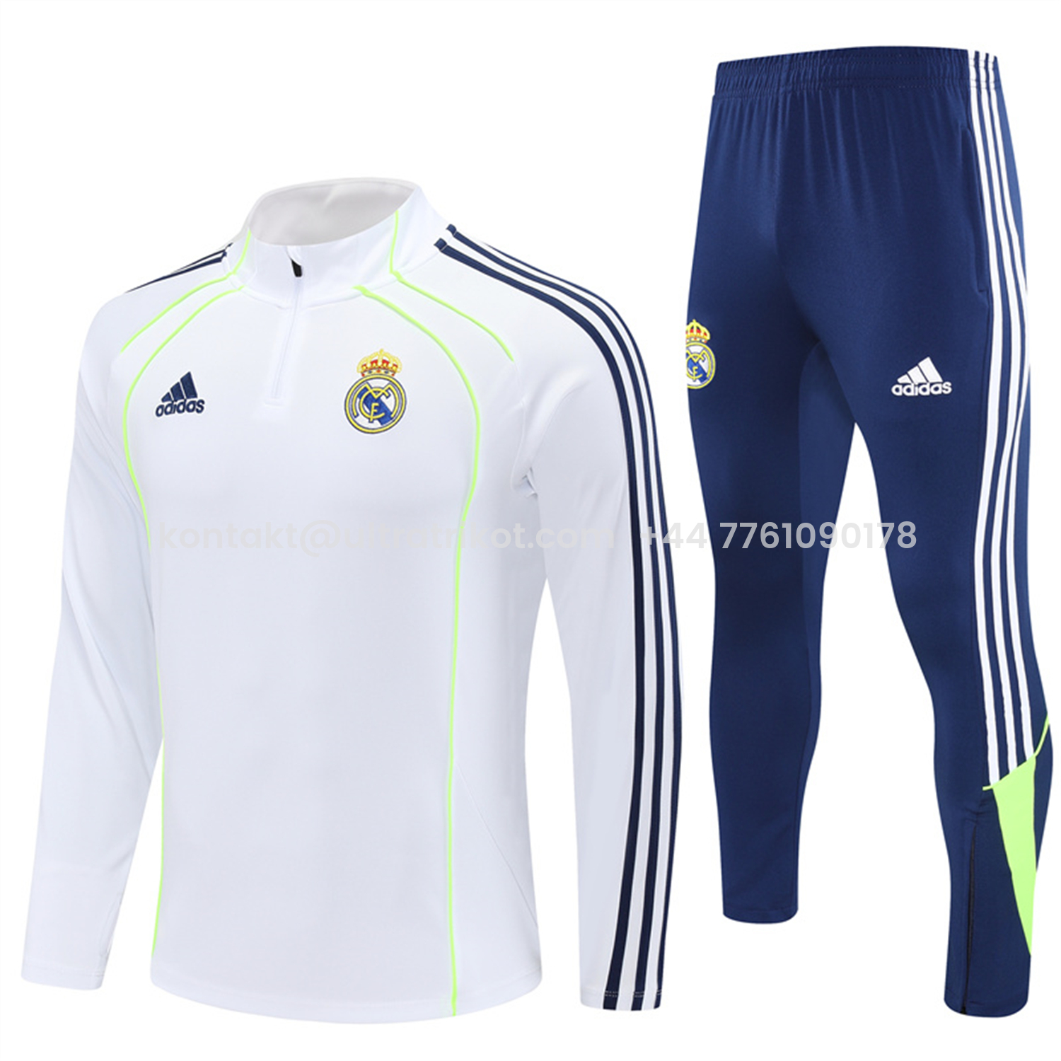 UltraTrikot-Real Madrid 25-26 Long Sleeve Training Set - Green Line White Top and Blue Pants