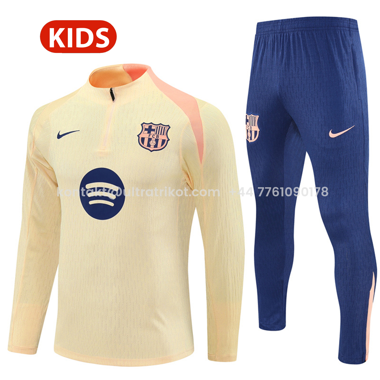 UltraTrikot-Barcelona 25-26 Kids Long Sleeve Training Set - Player Version - Light Yellow Top and Blue Pants