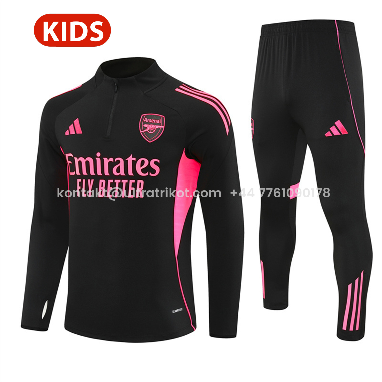 UltraTrikot-Arsenal 25-26 Kids Long Sleeve Training Set - Pink Logo Balck Top & Black Pants