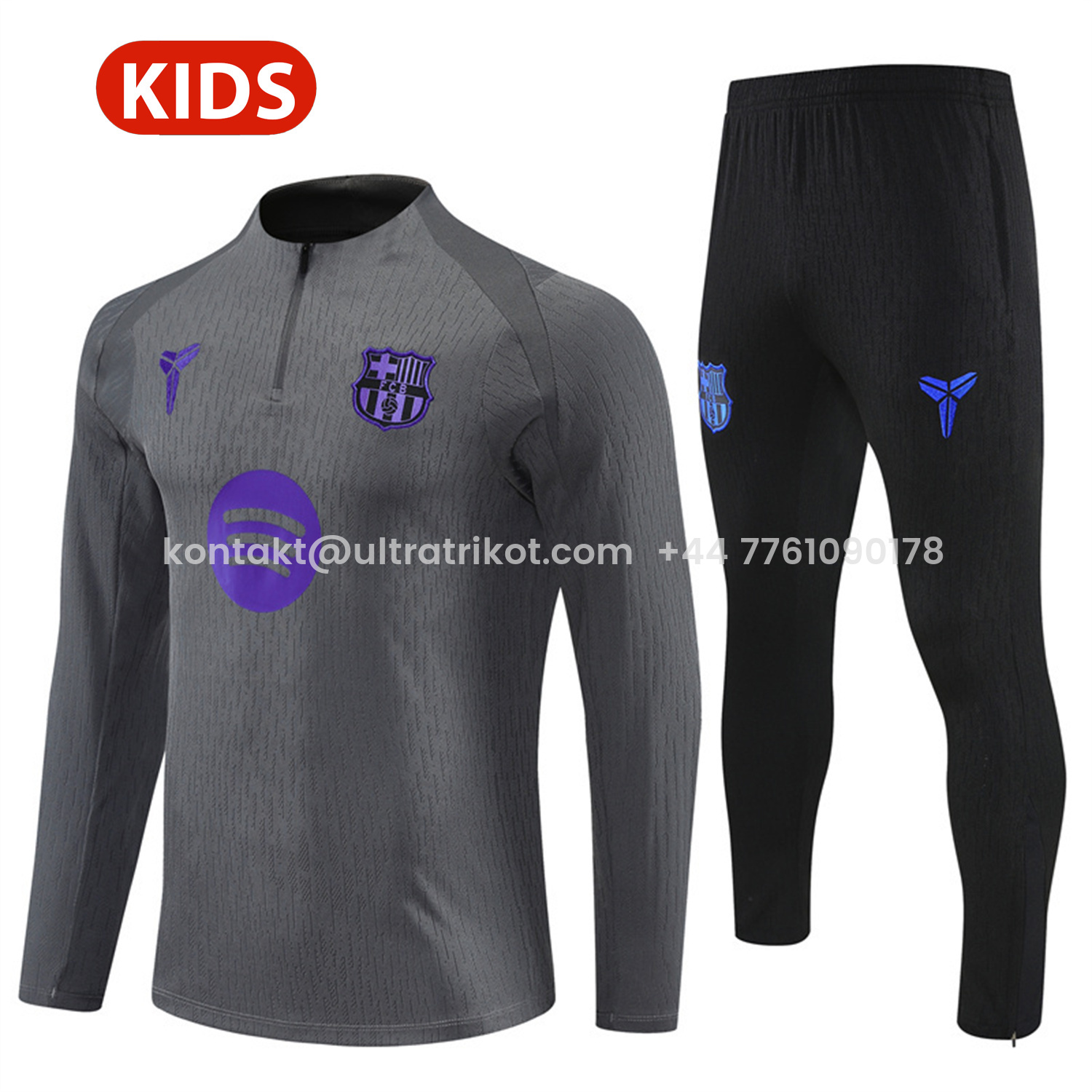 UltraTrikot-Barcelona 25-26 Kids Long Sleeve Training Set - Grey Top & Black Pants
