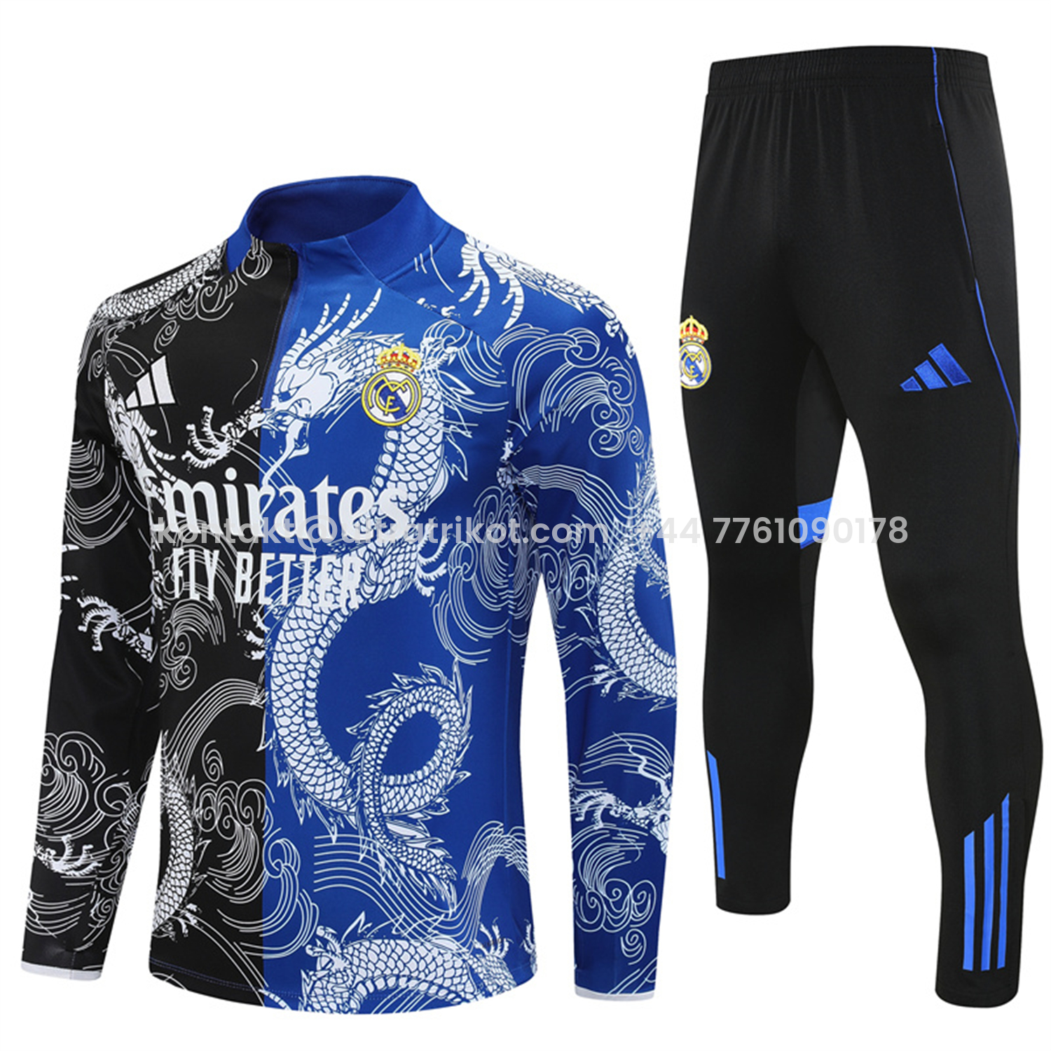 UltraTrikot-Real Madrid 25-26 Long Sleeve Training Set - White Loong Black Blue Top and Black Pants