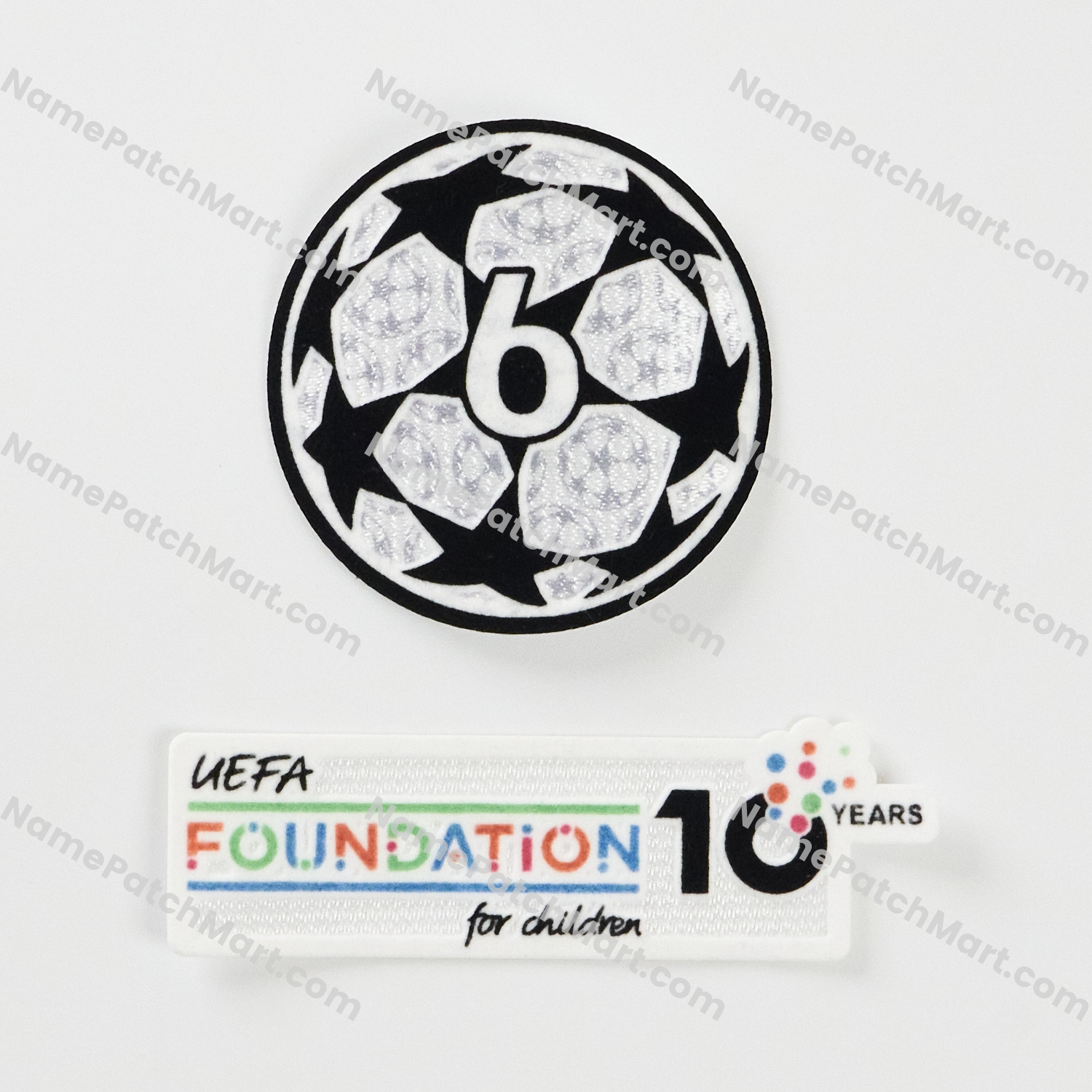2025-26 UCL Starball 6 Times Winner + UEFA Foundation 10th Anniversary Patch Set  | Name Number Set - NamePatchMart.COM