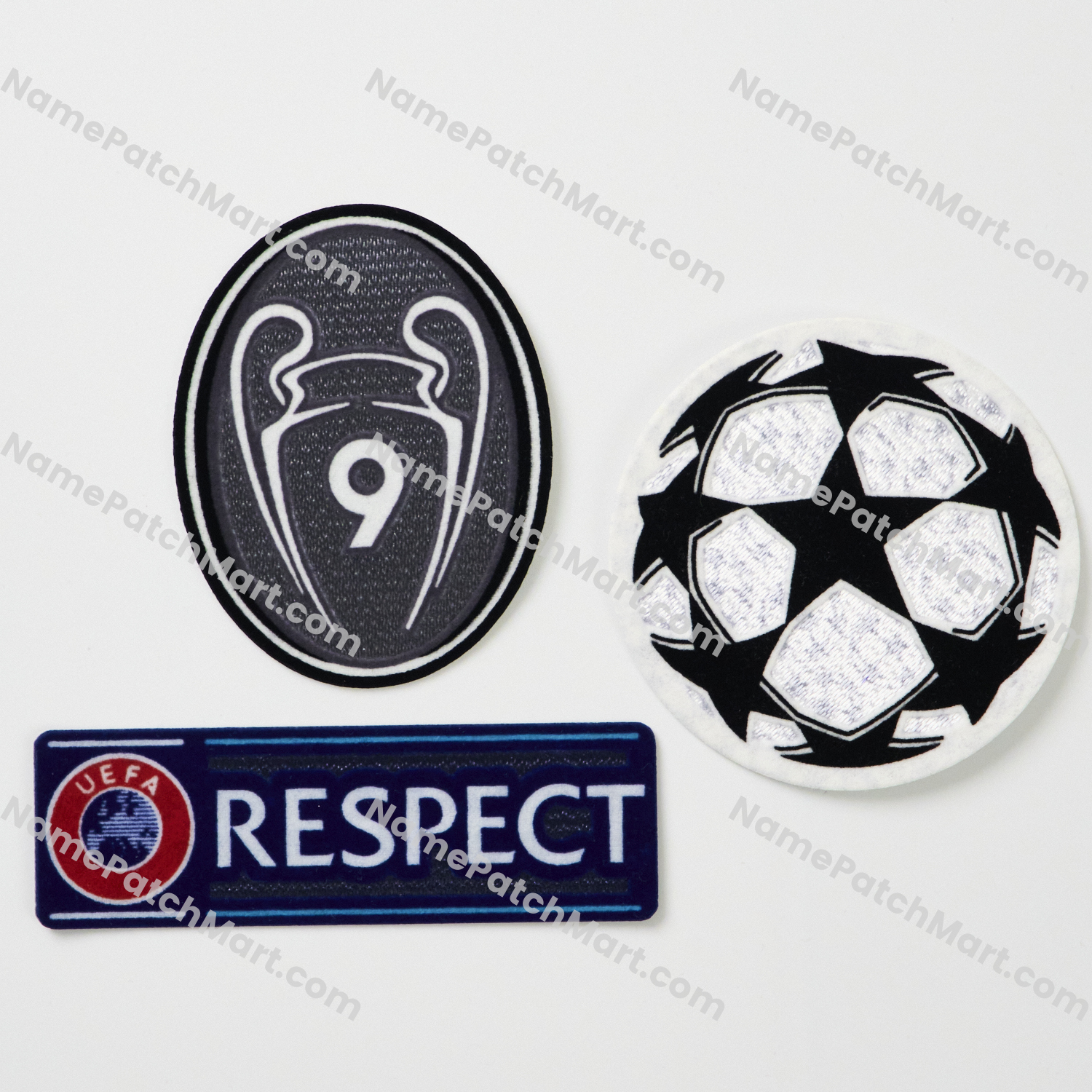 2012-13 2013-14 Real Madrid Champions League Patch Set ( UCL Starball + 9 Times Winner + Respect)  | Name Number Set - NamePatchMart.COM